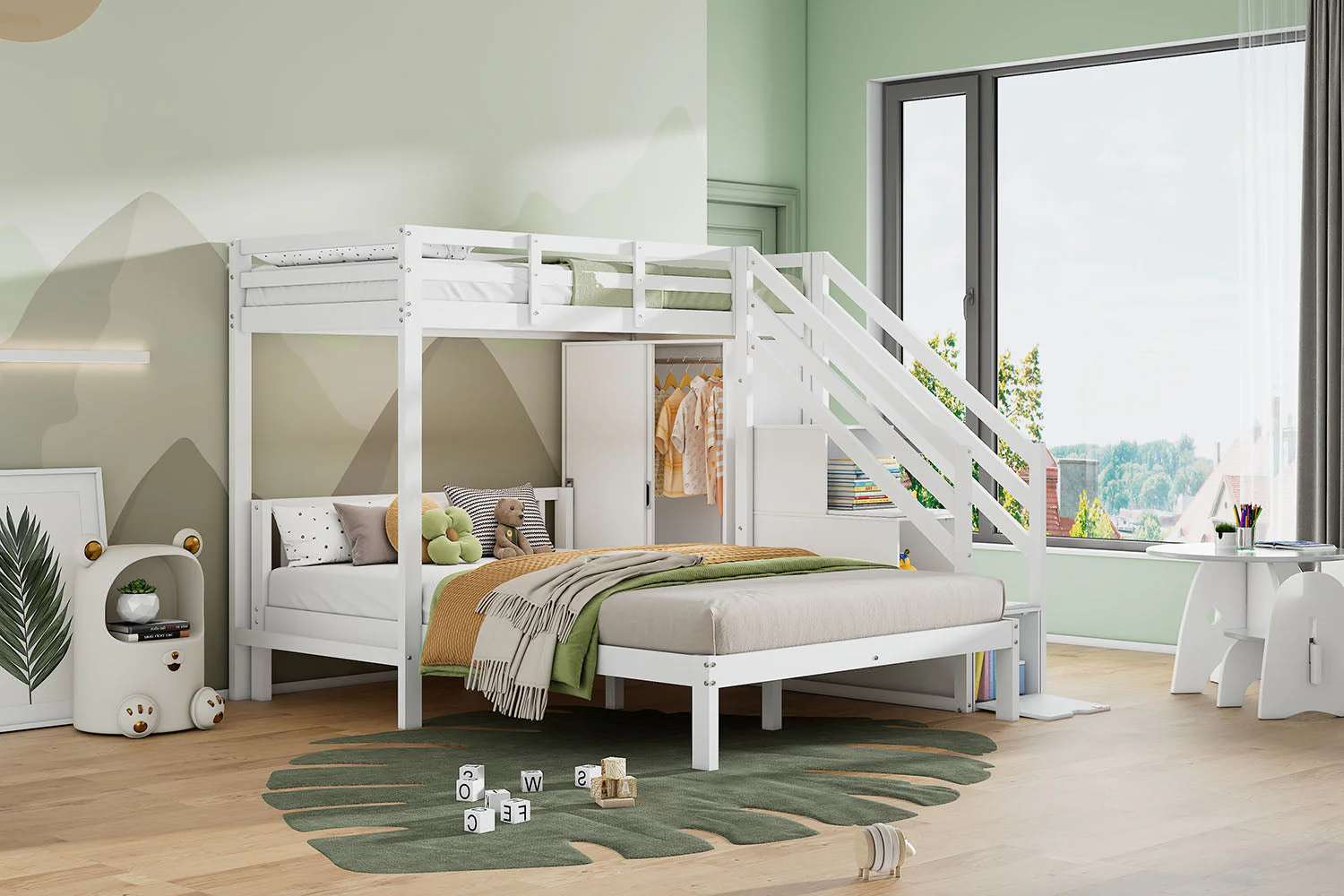 Multifunctional Bunk Bed with Wardrobe and Storage Stairs, 90x200cm and 140x200cm, White Solid Wood and MDF - Image 6