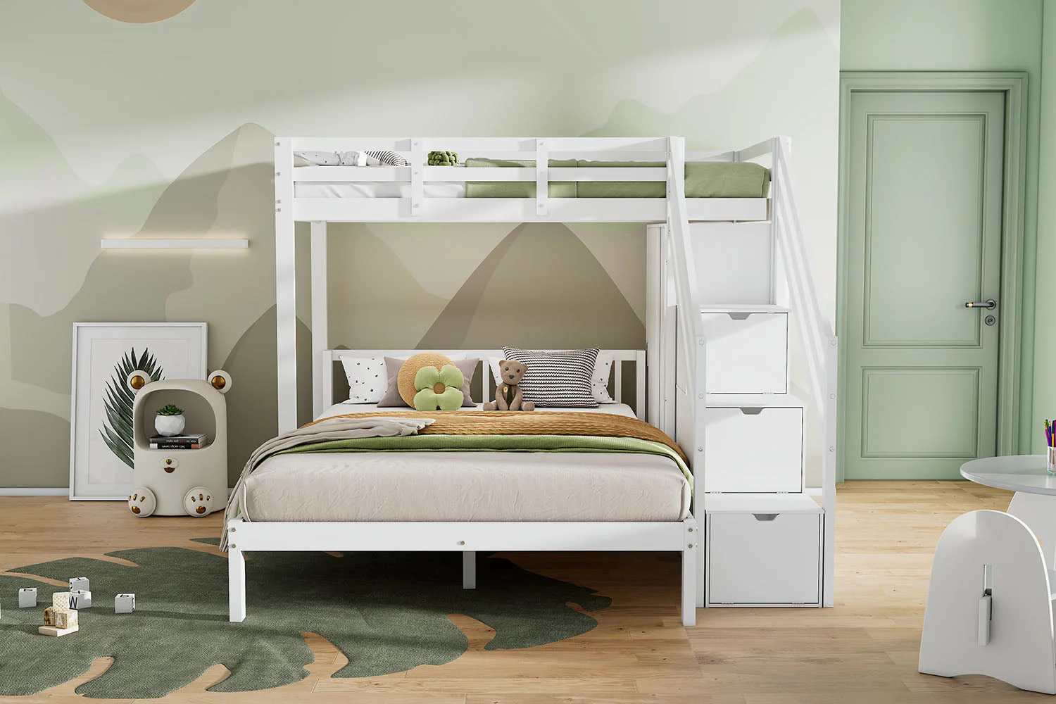 Multifunctional Bunk Bed with Wardrobe and Storage Stairs, 90x200cm and 140x200cm, White Solid Wood and MDF - Image 7