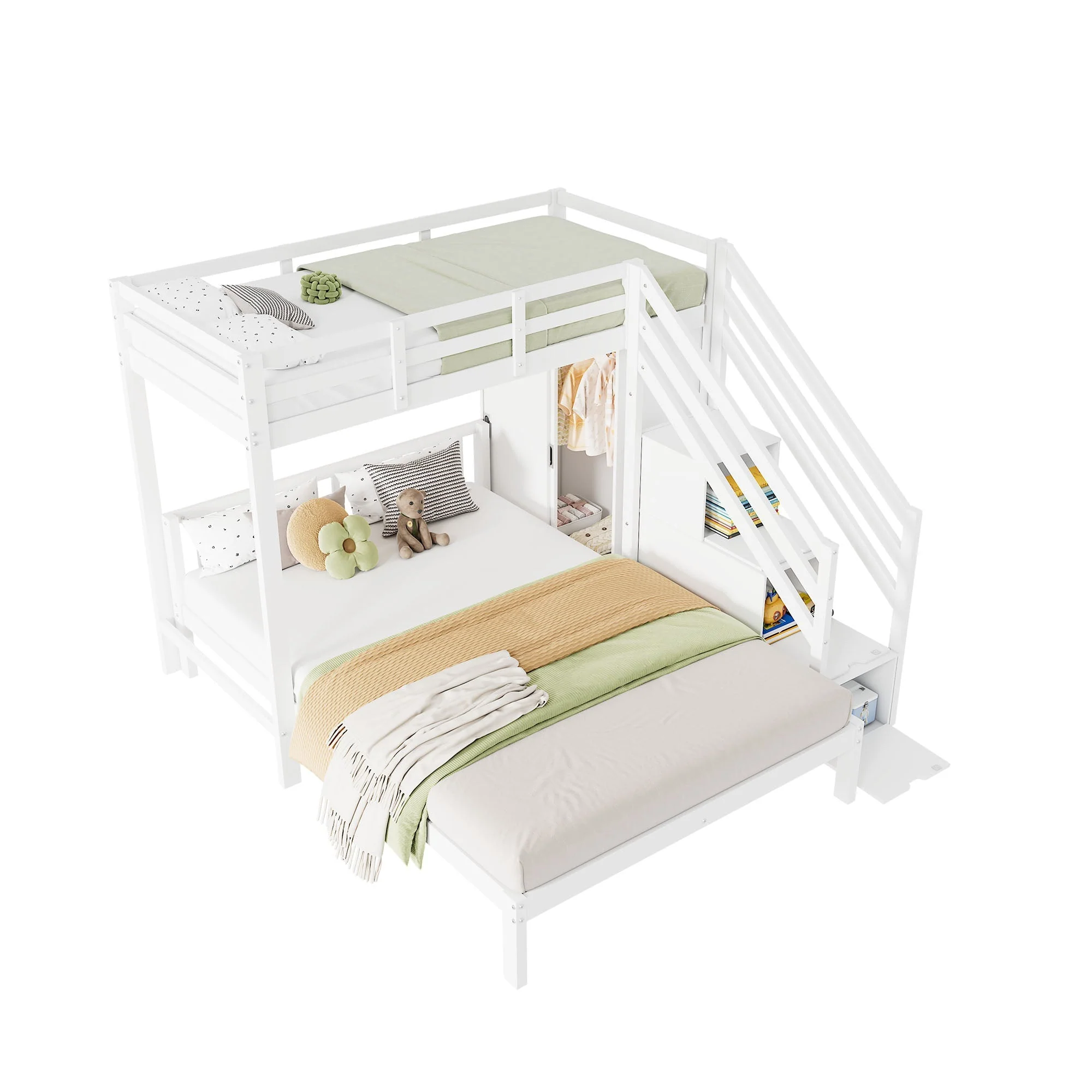 Multifunctional Bunk Bed with Wardrobe and Storage Stairs, 90x200cm and 140x200cm, White Solid Wood and MDF - Image 8