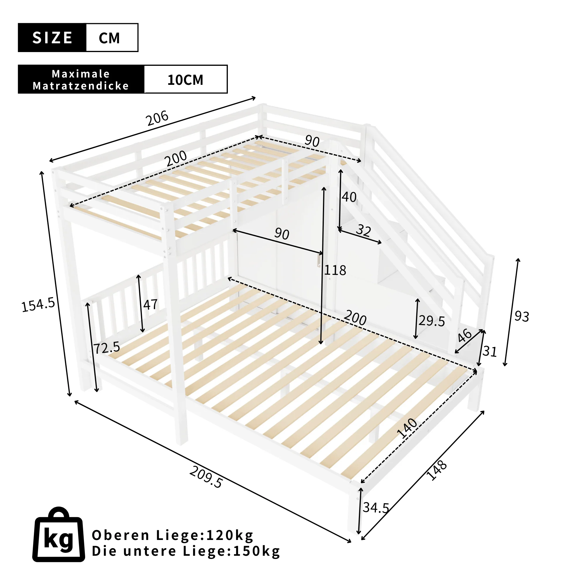 Multifunctional Bunk Bed with Wardrobe and Storage Stairs, 90x200cm and 140x200cm, White Solid Wood and MDF - Image 9