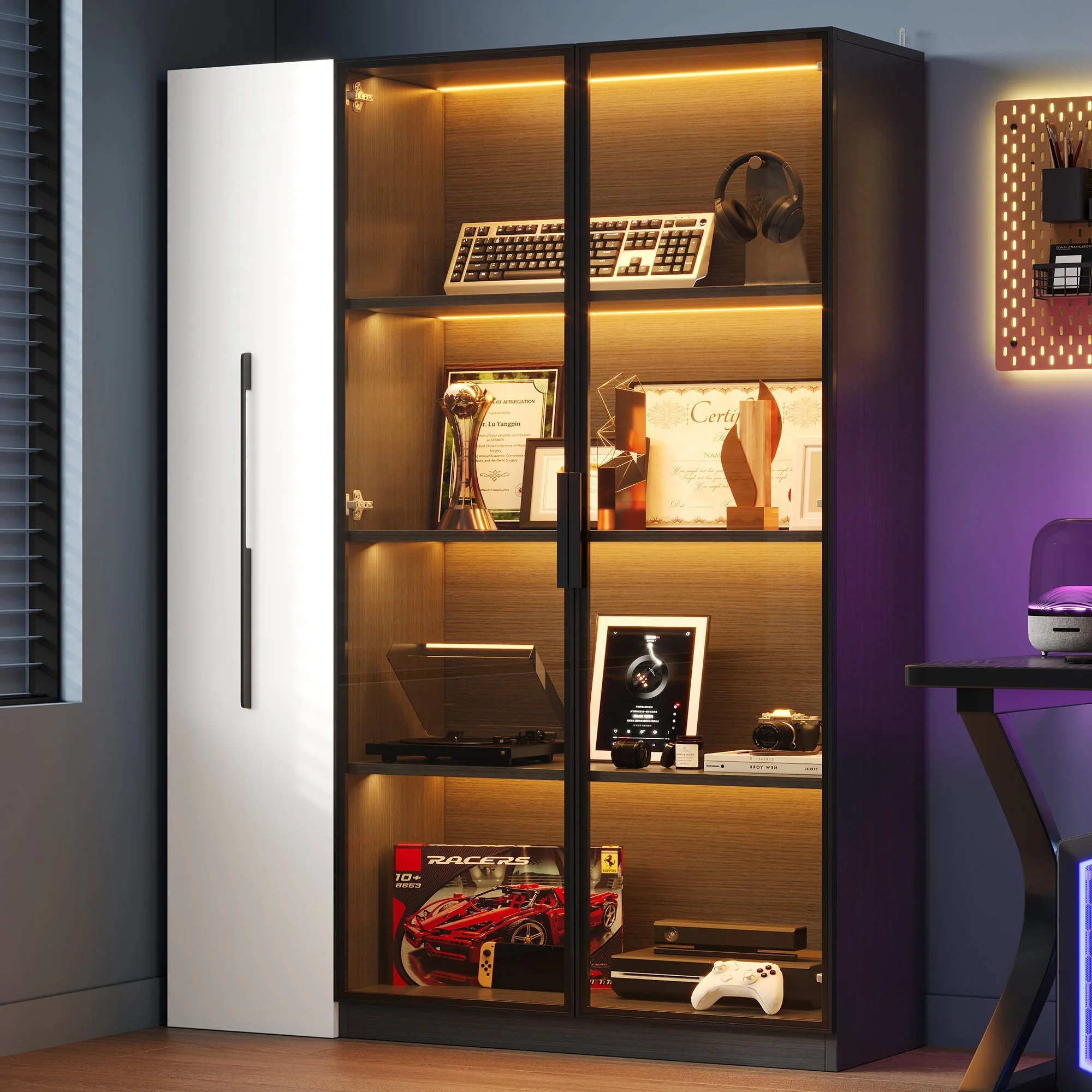 Multifunctional Cabinet 110.5x35x160cm LED Glass Door Pull-out Drawer Rolling - White/Black - Image 4