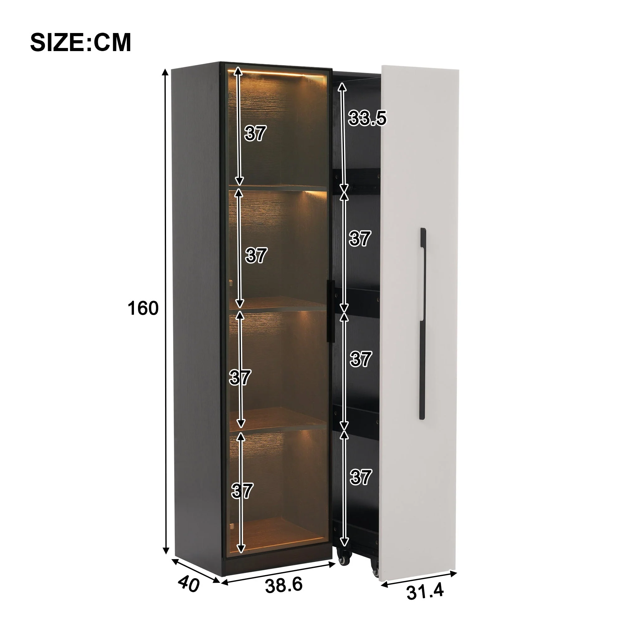 Multifunctional Cabinet with Glass Door, LED Lighting and Side Drawer, Black MDF - Image 7