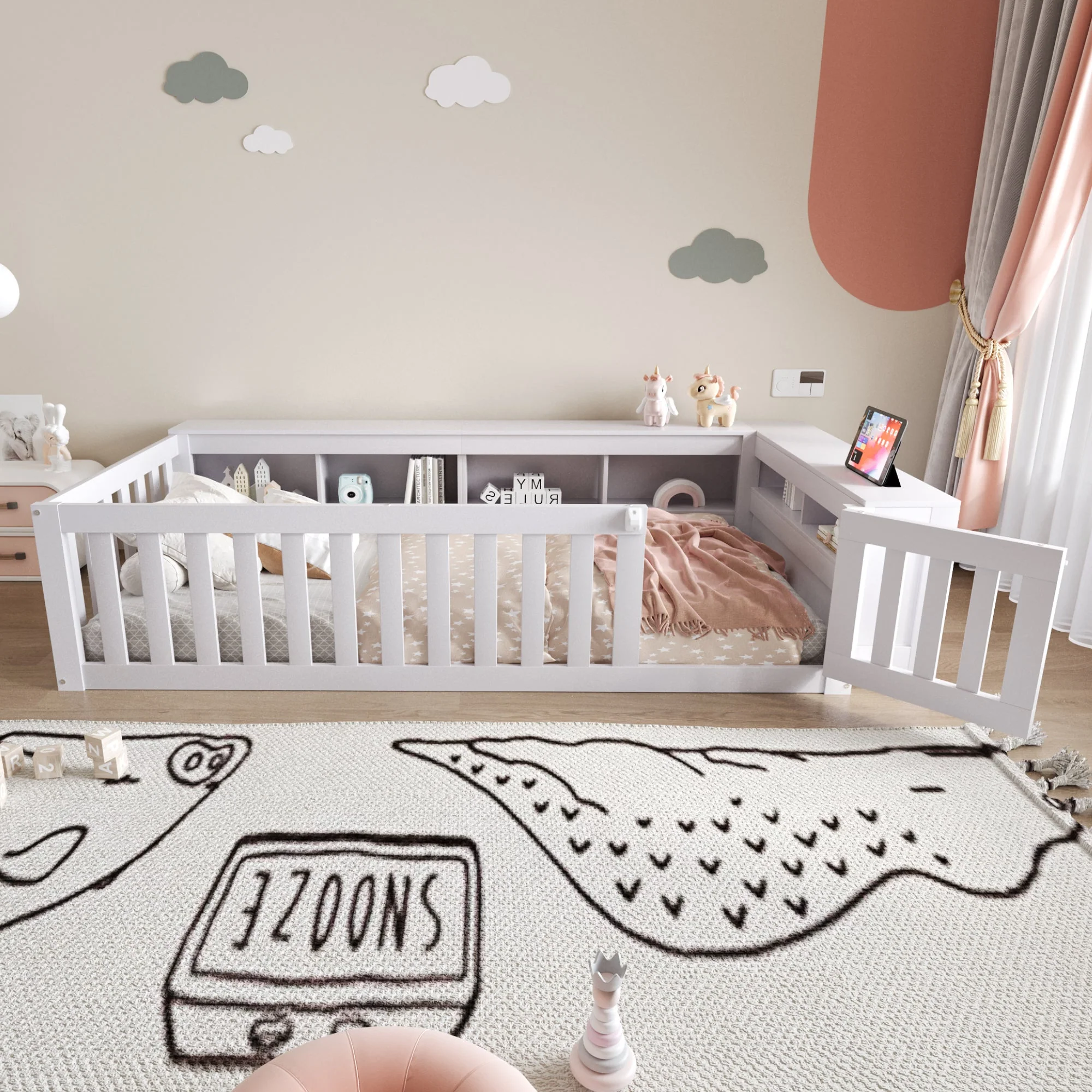 Multifunctional Children's Bed 90 x 200 cm, Storage, Safety Gate, Solid Wood, White - Image 2