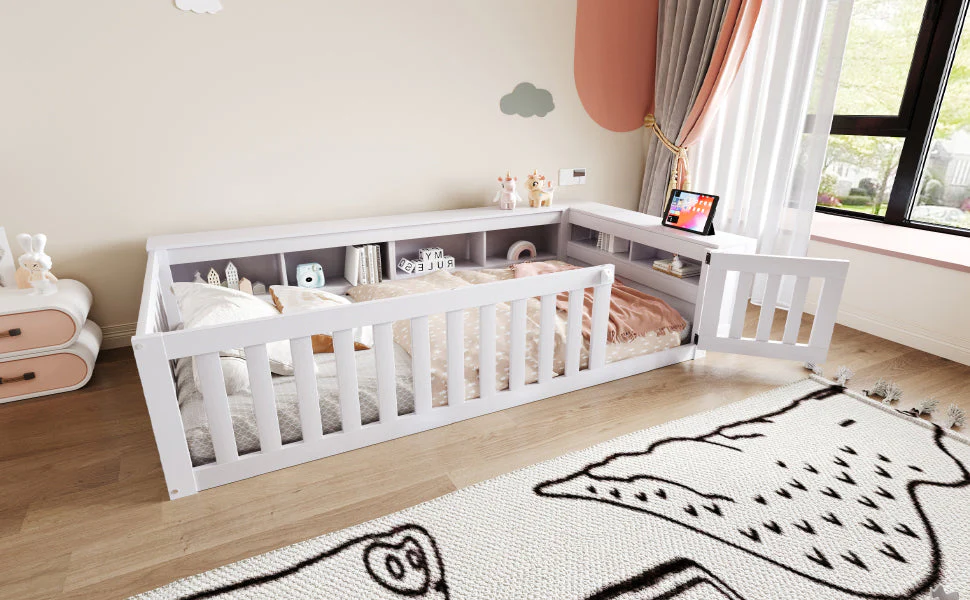 Multifunctional Children's Bed 90 x 200 cm, Storage, Safety Gate, Solid Wood, White - Image 4