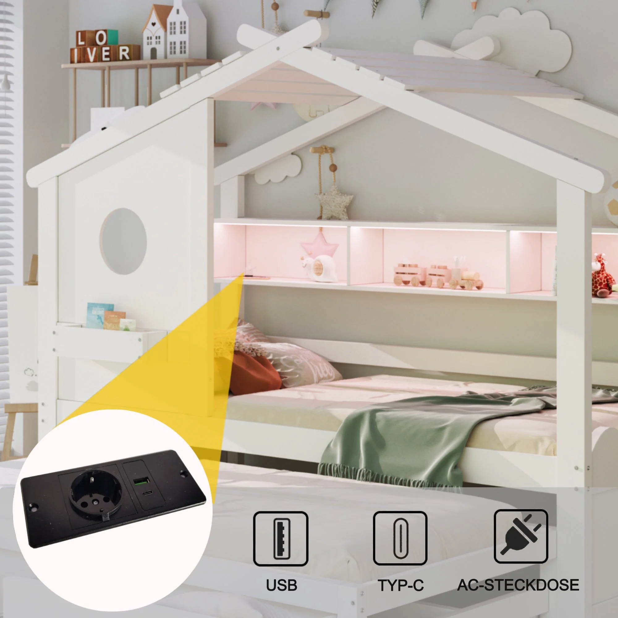 Multifunctional Children's Bed with House Design, Pull-out Bed, Drawers, Shelves, USB and LED, 90x200cm, White - Image 5