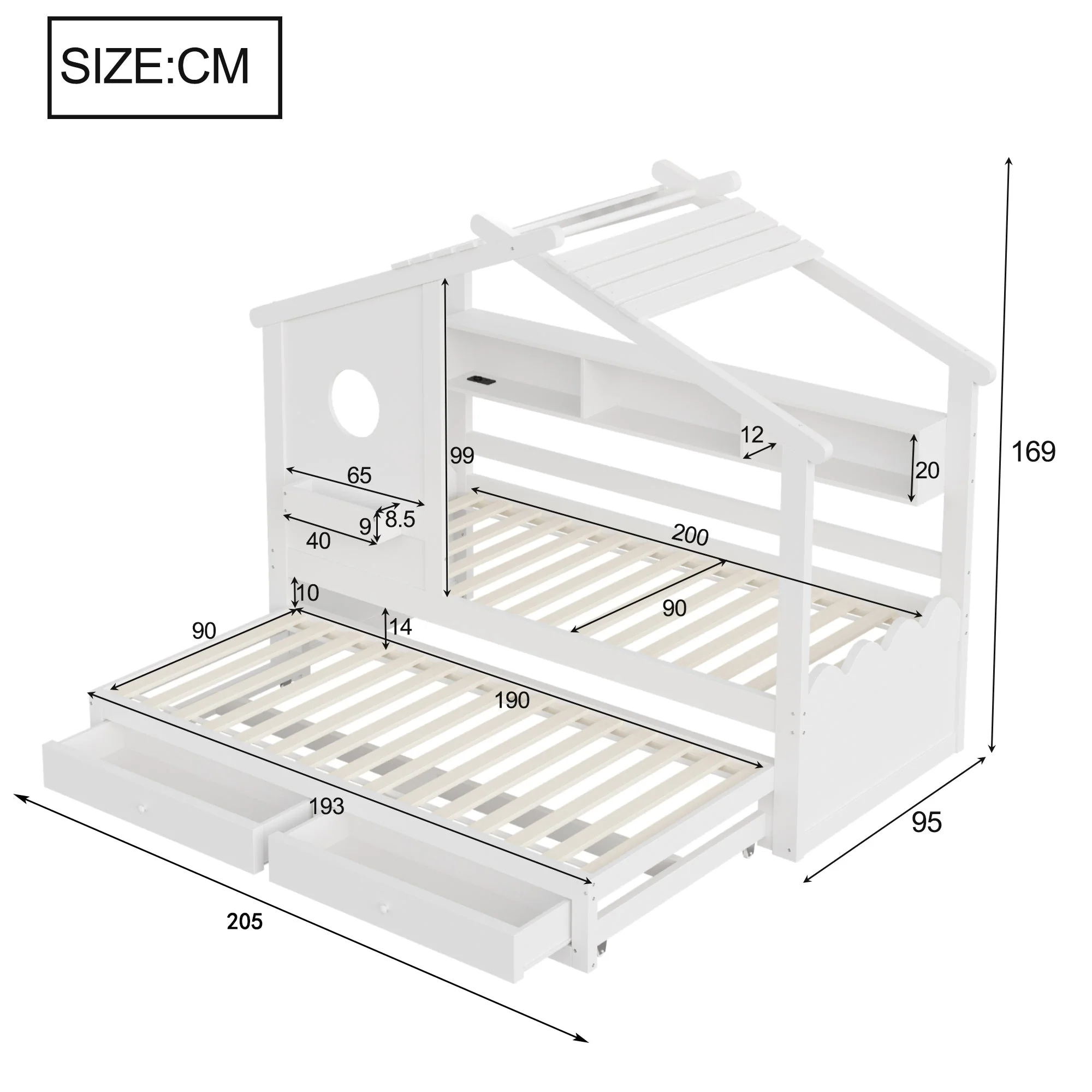 Multifunctional Children's Bed with House Design, Pull-out Bed, Drawers, Shelves, USB and LED, 90x200cm, White - Image 7