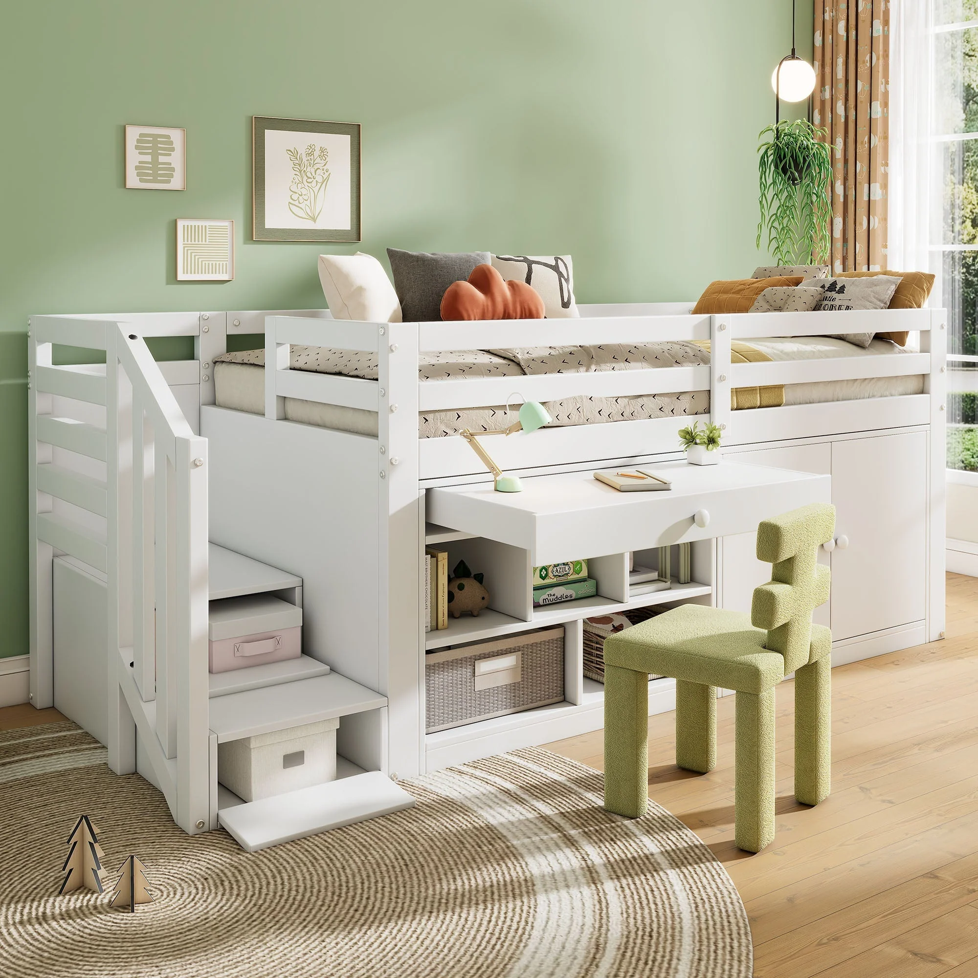 Multifunctional Children's Bed with Stairs, Storage and Reversible Desk, 90x200cm, White Wood