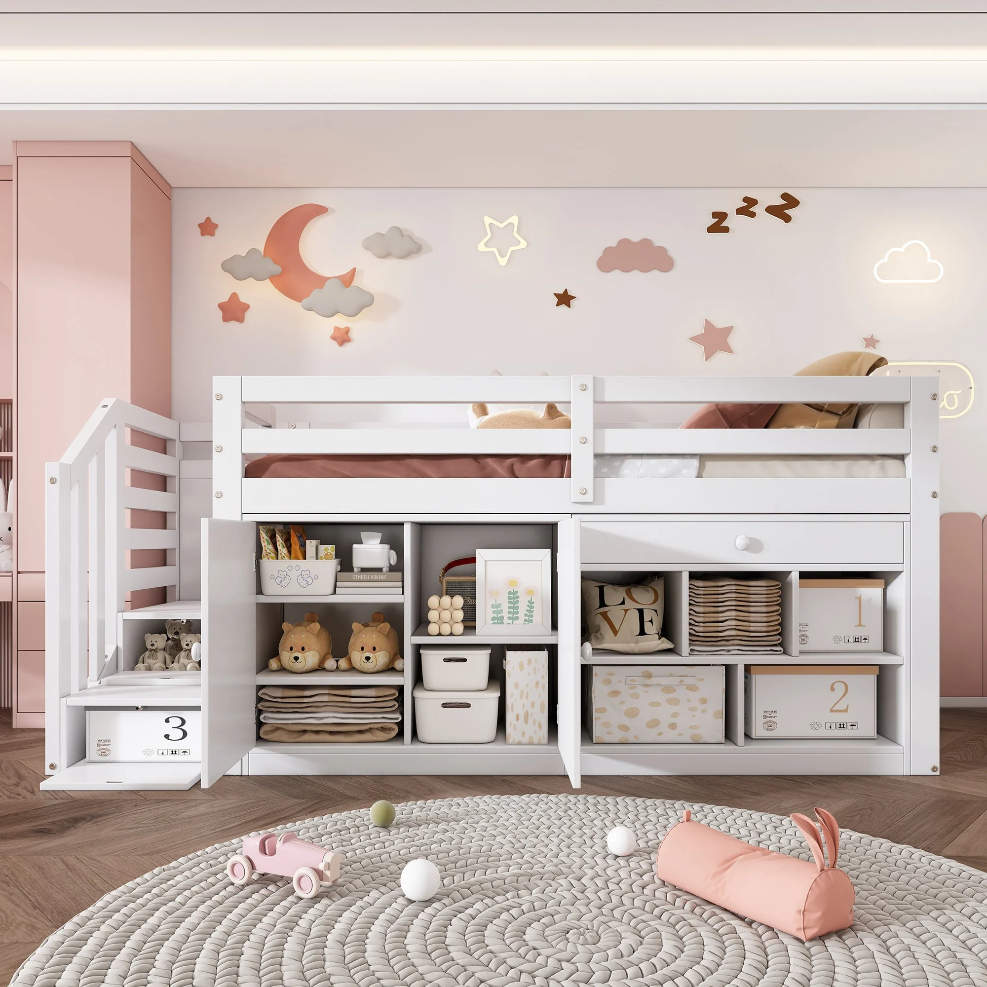 Multifunctional Children's Bed with Stairs, Storage and Reversible Desk, 90x200cm, White Wood - Image 4
