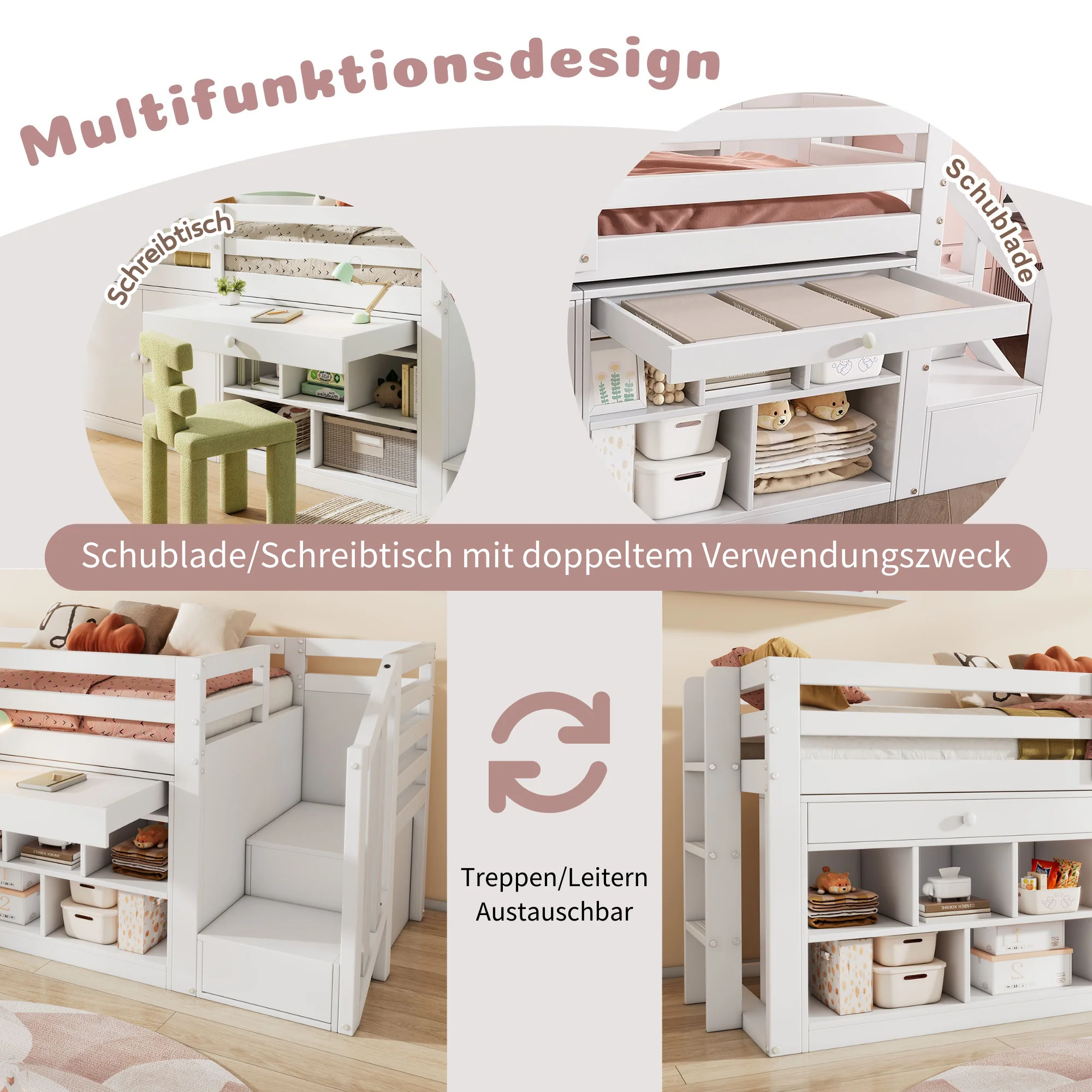 Multifunctional Children's Bed with Stairs, Storage and Reversible Desk, 90x200cm, White Wood - Image 7