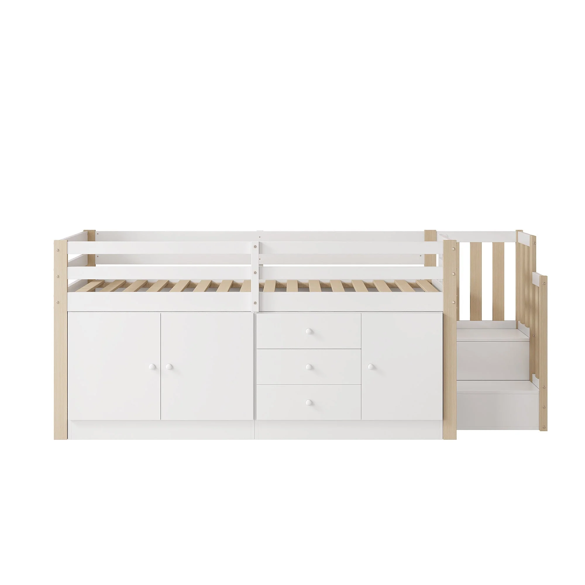 Multifunctional Children's Loft Bed 90x200cm with Stairs Drawers & Storage Cabinets - White - Image 8