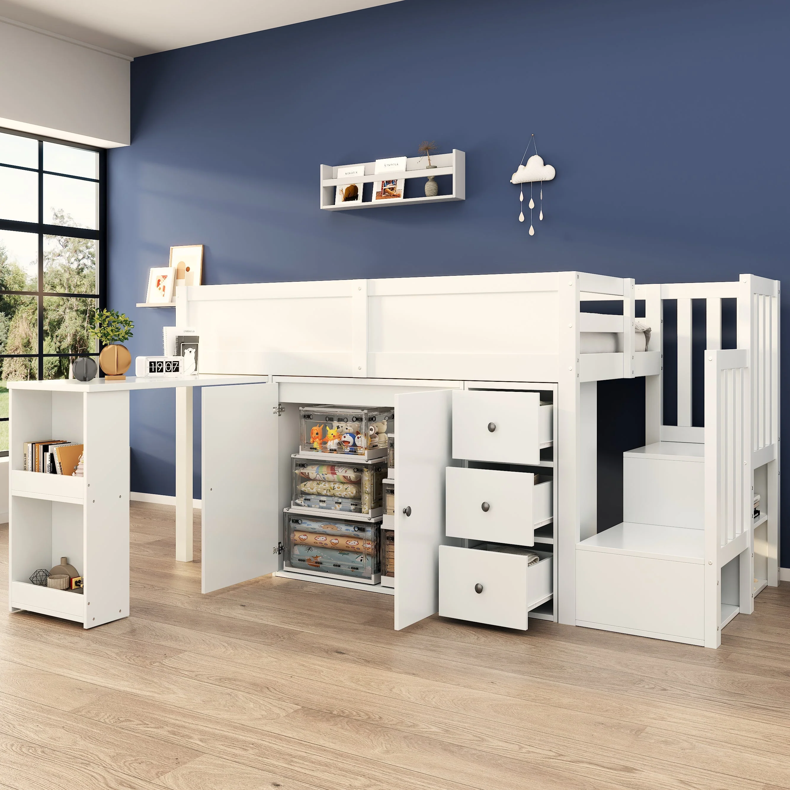 Multifunctional Children's Loft Bed with Desk, Wardrobe and Storage Stairs, White MDF - Image 2