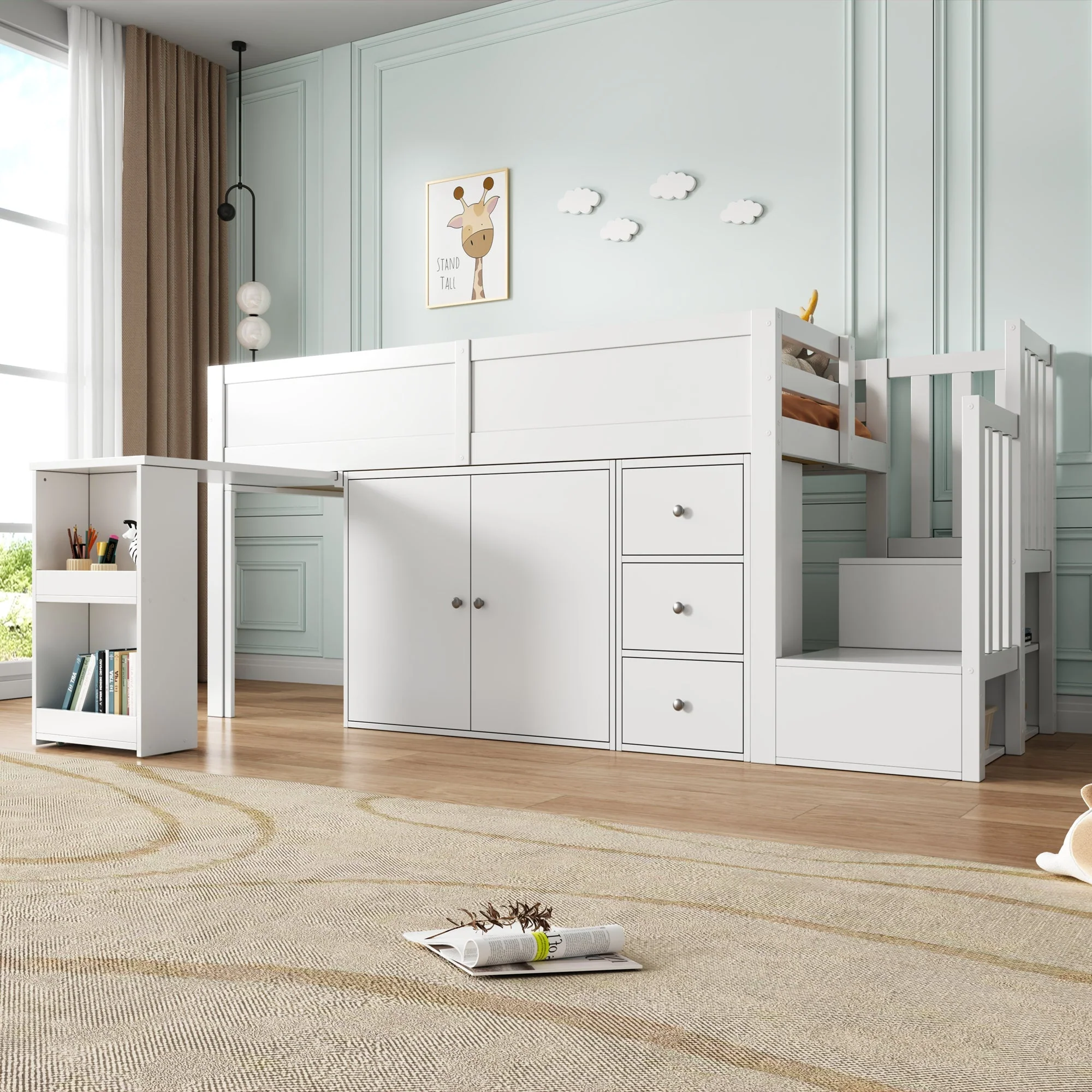 Multifunctional Children's Loft Bed with Desk, Wardrobe and Storage Stairs, White MDF - Image 5
