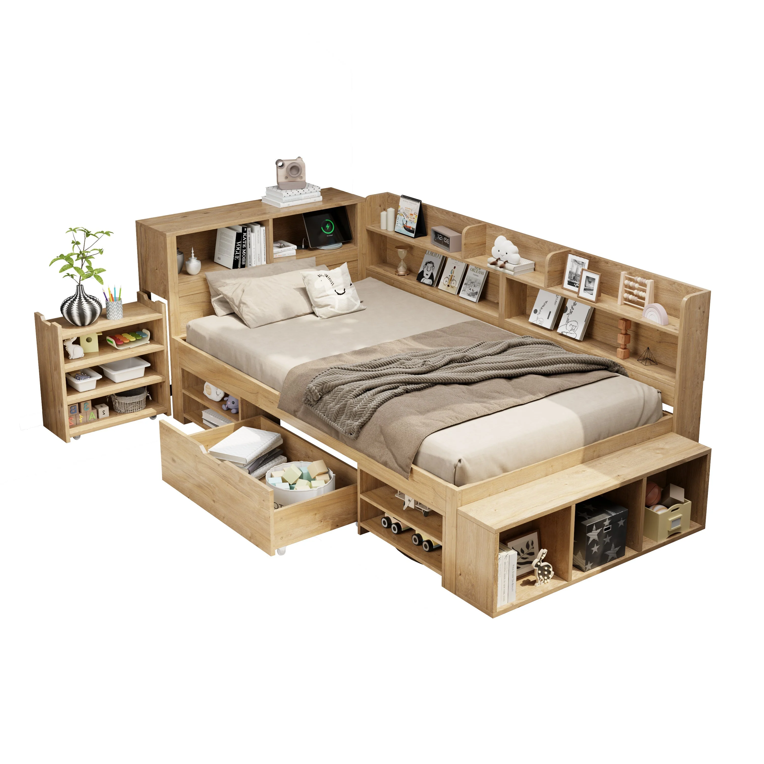 Multifunctional Children's Storage Bed with Nightstands, Shelves and Wireless Charging, Natural - Image 10