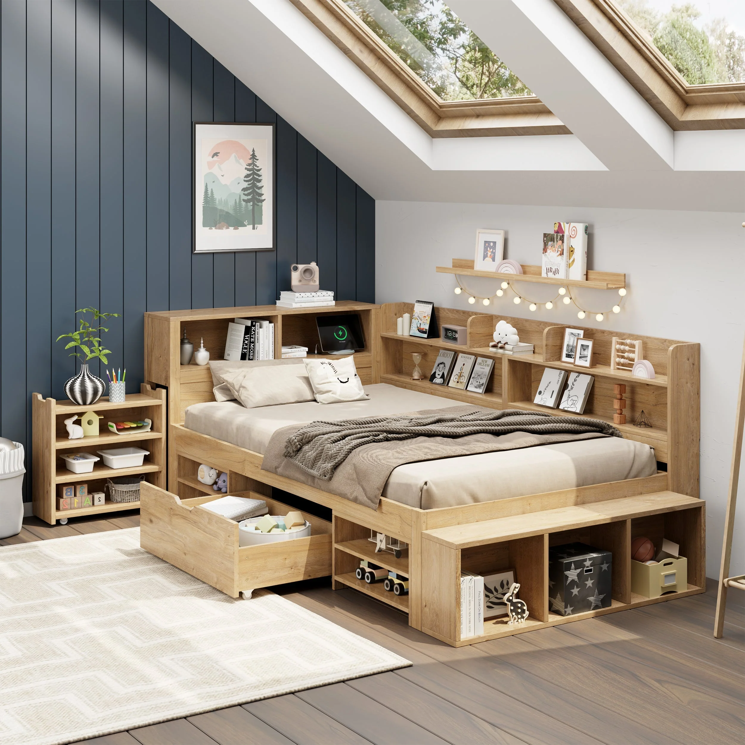 Multifunctional Children's Storage Bed with Nightstands, Shelves and Wireless Charging, Natural - Image 2