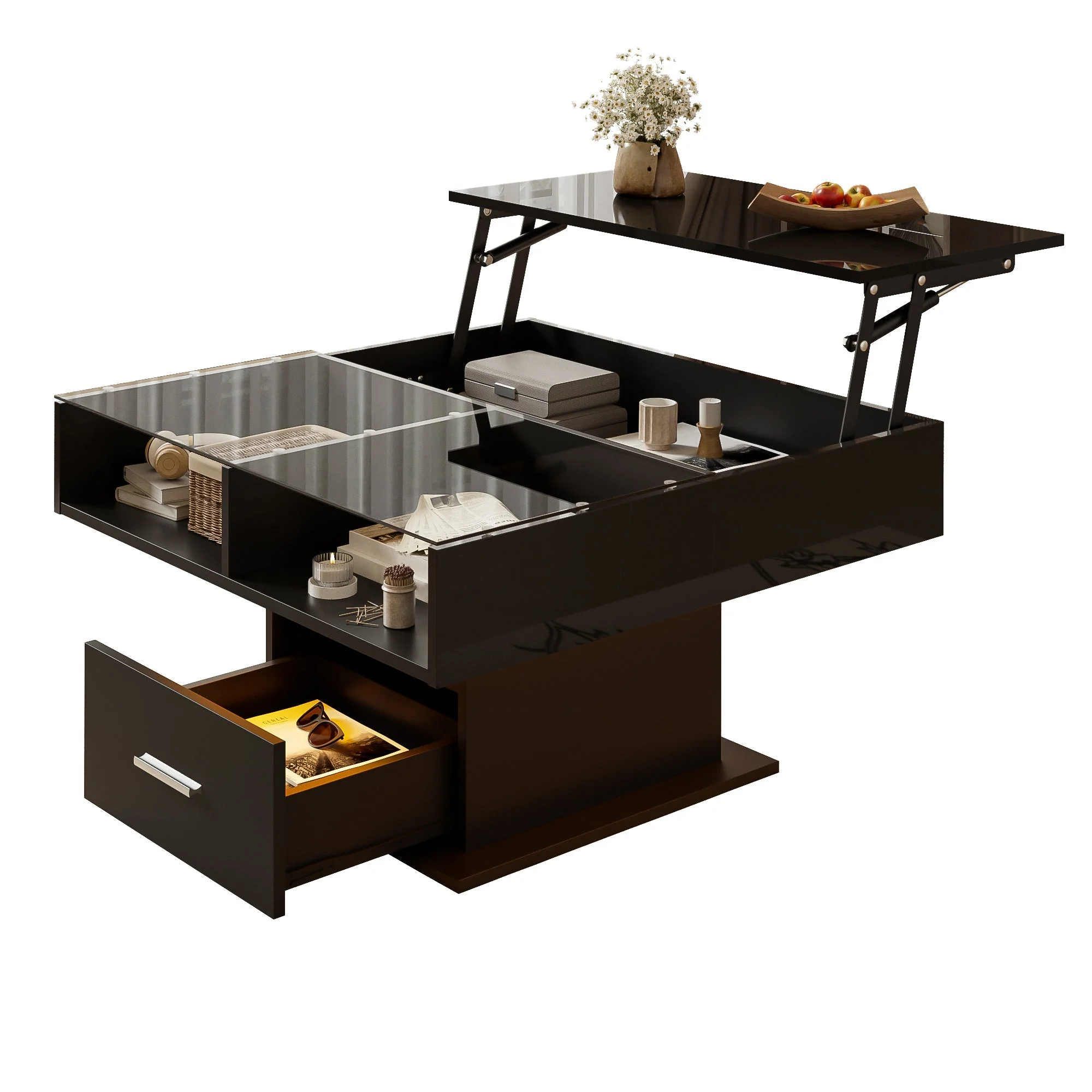 Multifunctional Coffee Table with LED Lighting, Adjustable Height, High-Gloss - Image 2
