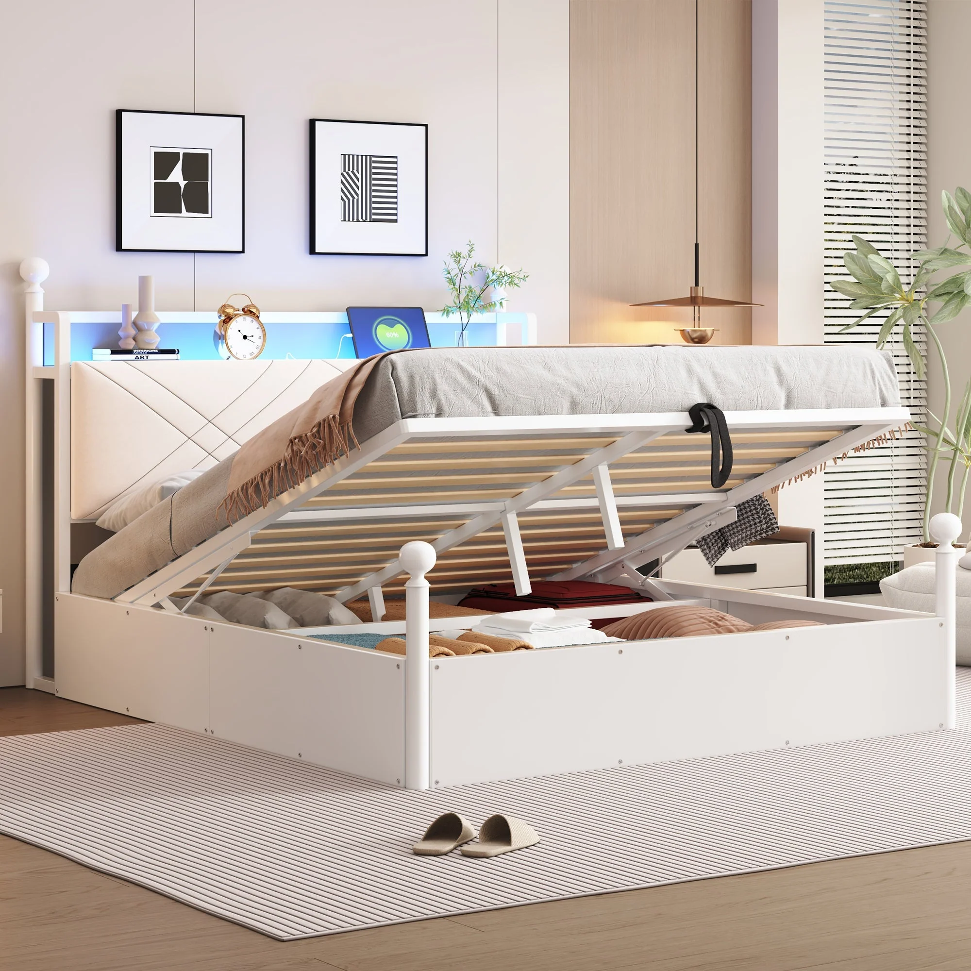 Multifunctional Double Bed with Hydraulic Storage, Canopy, LED and USB, 140x190cm, White Wrought Iron - Image 4