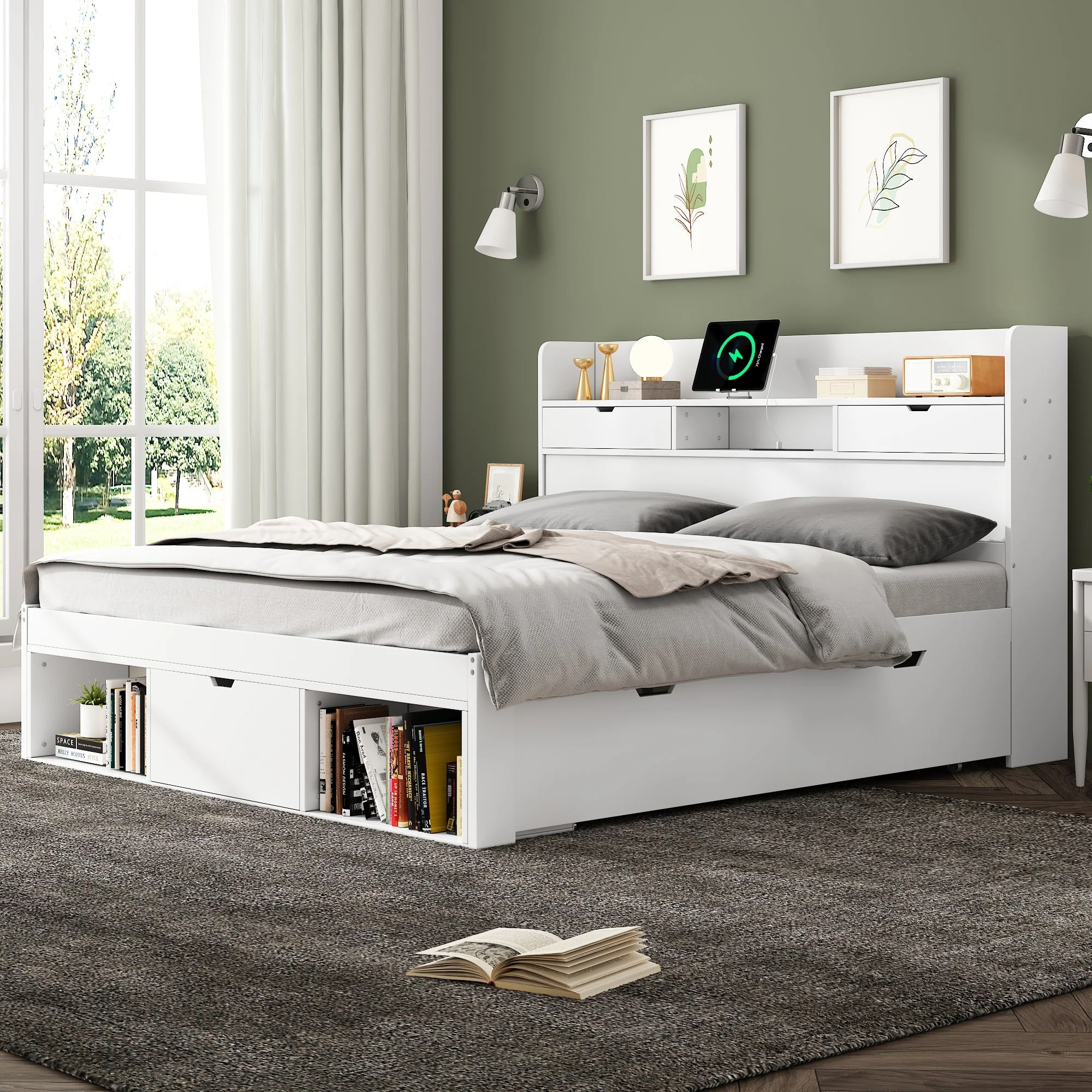 Multifunctional Double Bed with USB Port, Drawers and Storage Cabinet, 140x200cm, White Wood - Image 4