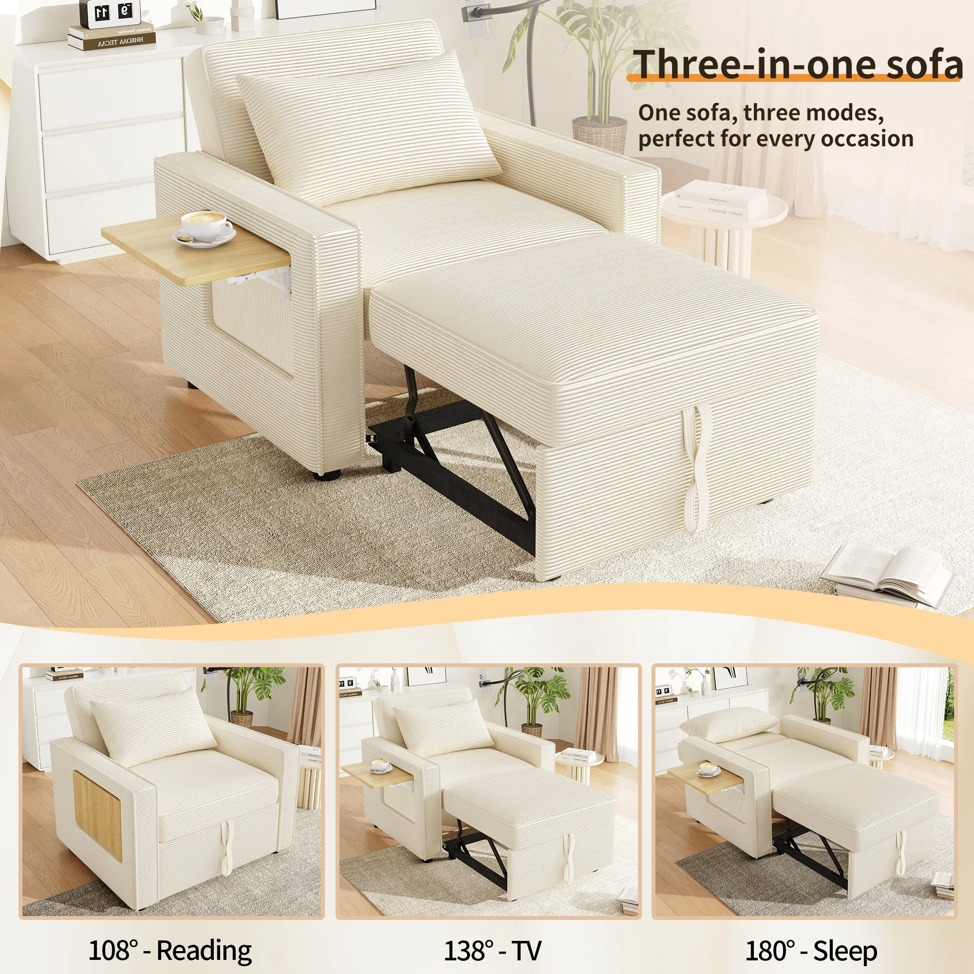Multifunctional Foldable Sofa Bed 1-Seater Recliner USB Charging Space-Saving Corduroy Fabric Beige - Image 8