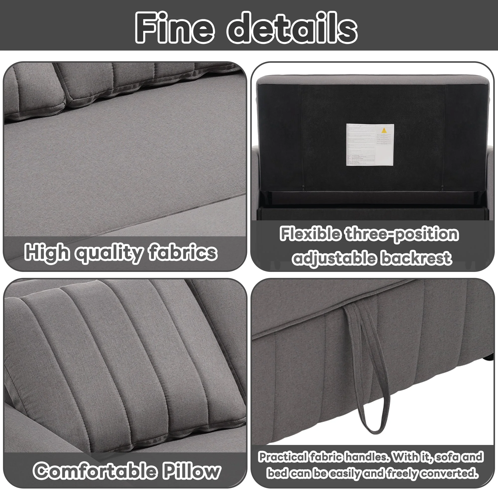 Multifunctional Folding Sofa Bed, Adjustable Backrest 180 x 127 cm, Dark Gray Linen Fabric - Image 5