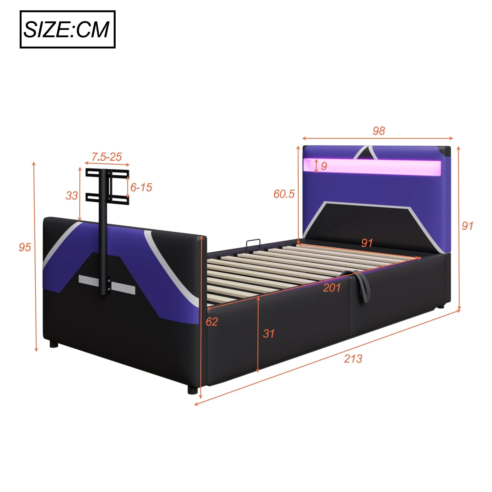 Multifunctional Gaming Bed with LED Lighting, Storage and TV Mount, PU Leather - Image 7
