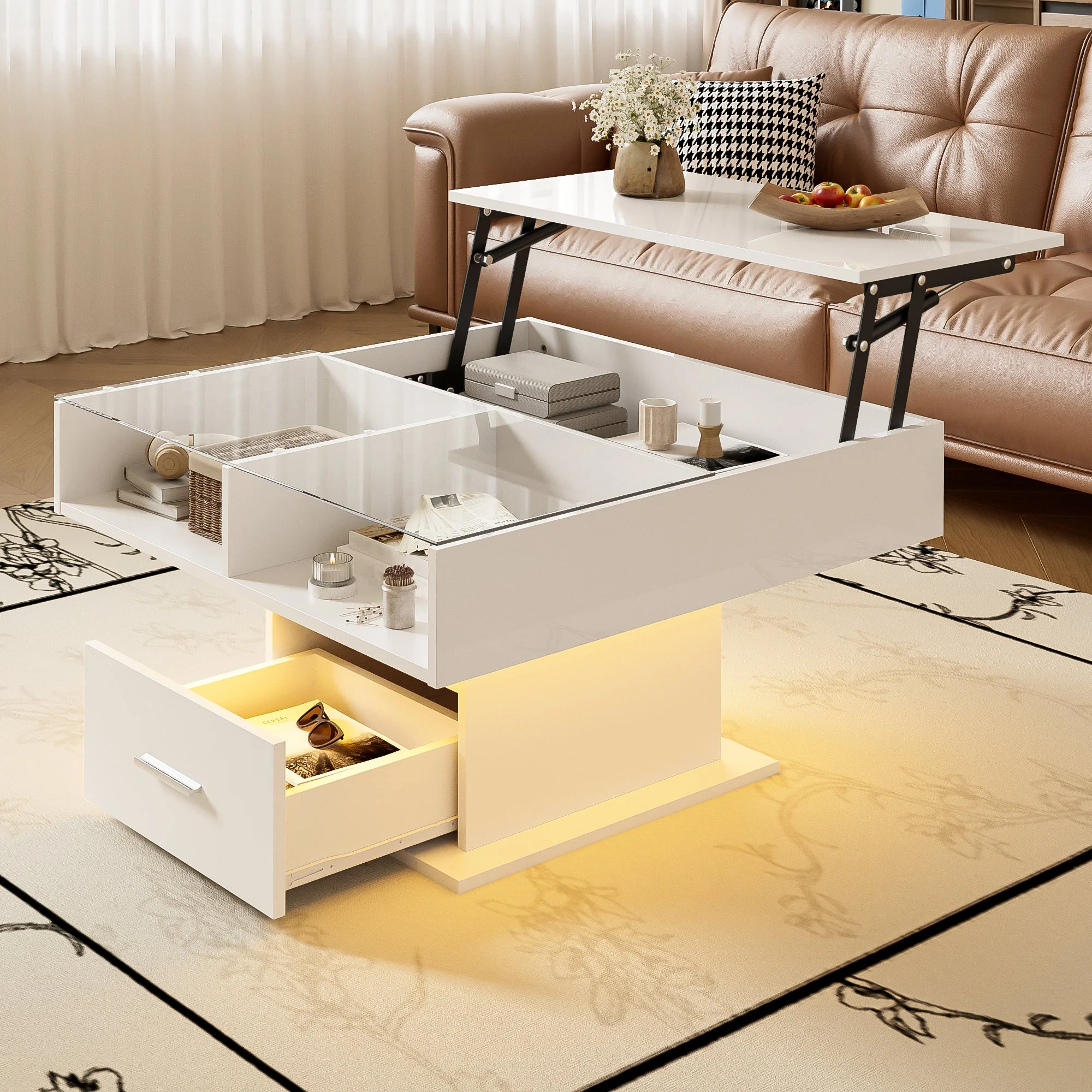 Multifunctional high-gloss lift coffee table with LED lighting, adjustable height & flexible storage space, modern design - Image 2