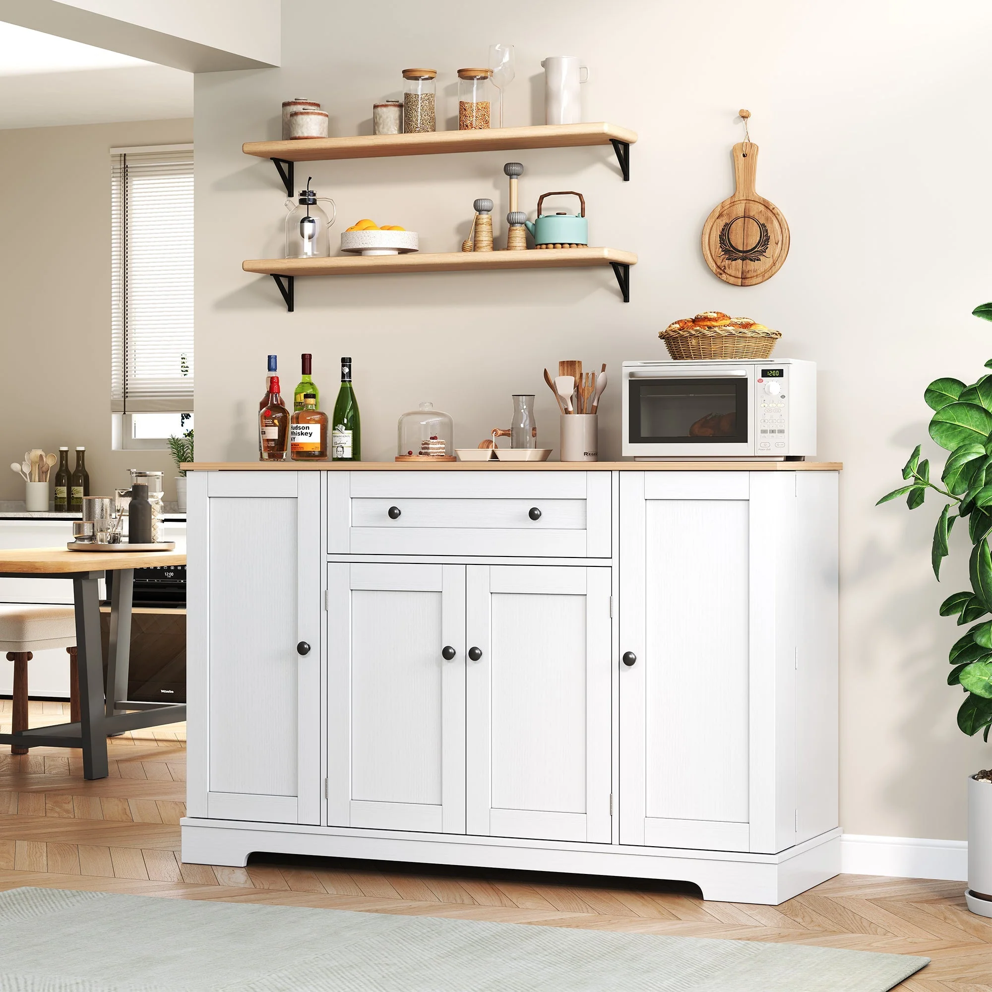Multifunctional Kitchen Buffet 138cm Drawer Adjustable Shelves