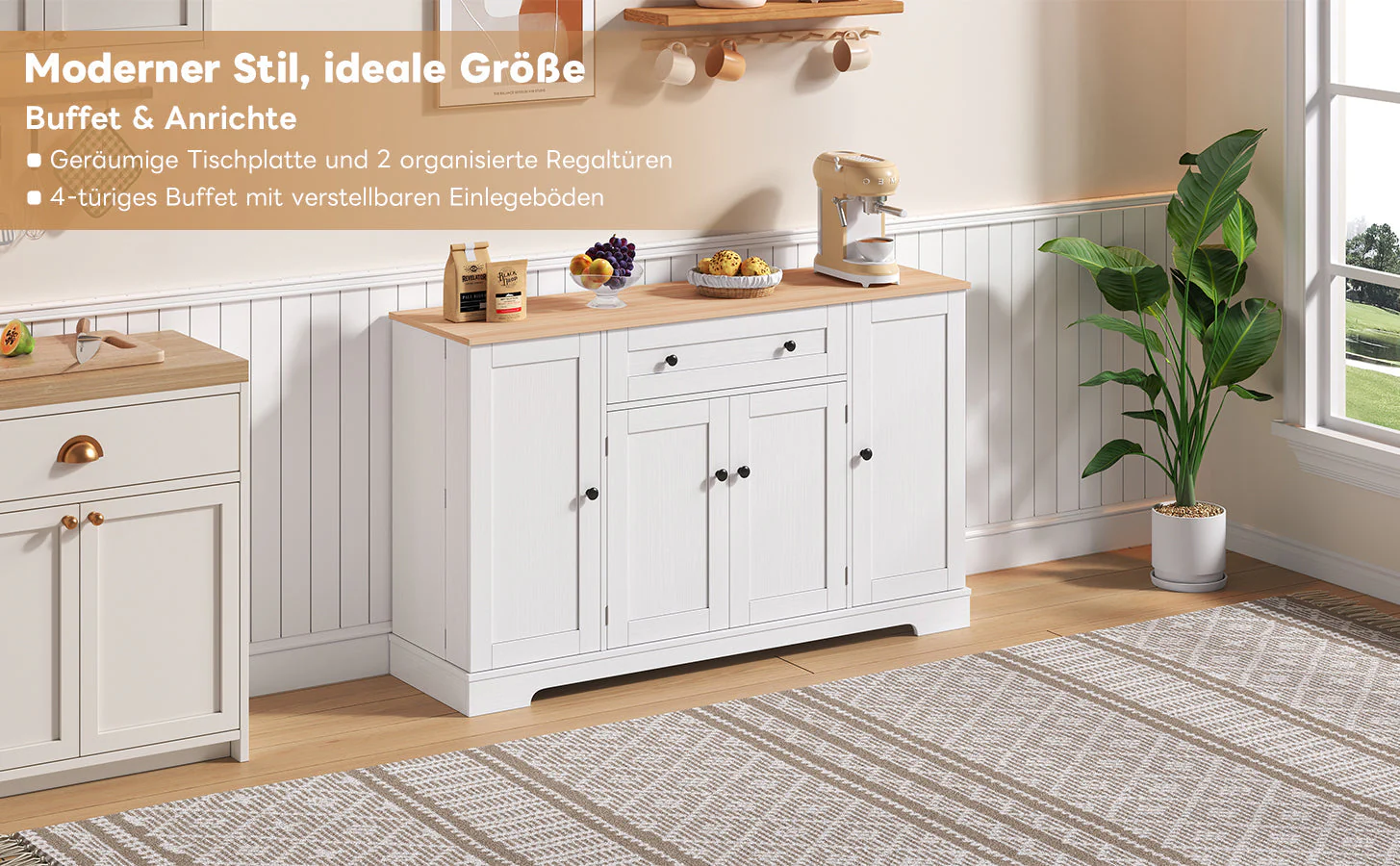Multifunctional Kitchen Buffet 138cm Drawer Adjustable Shelves - Image 10