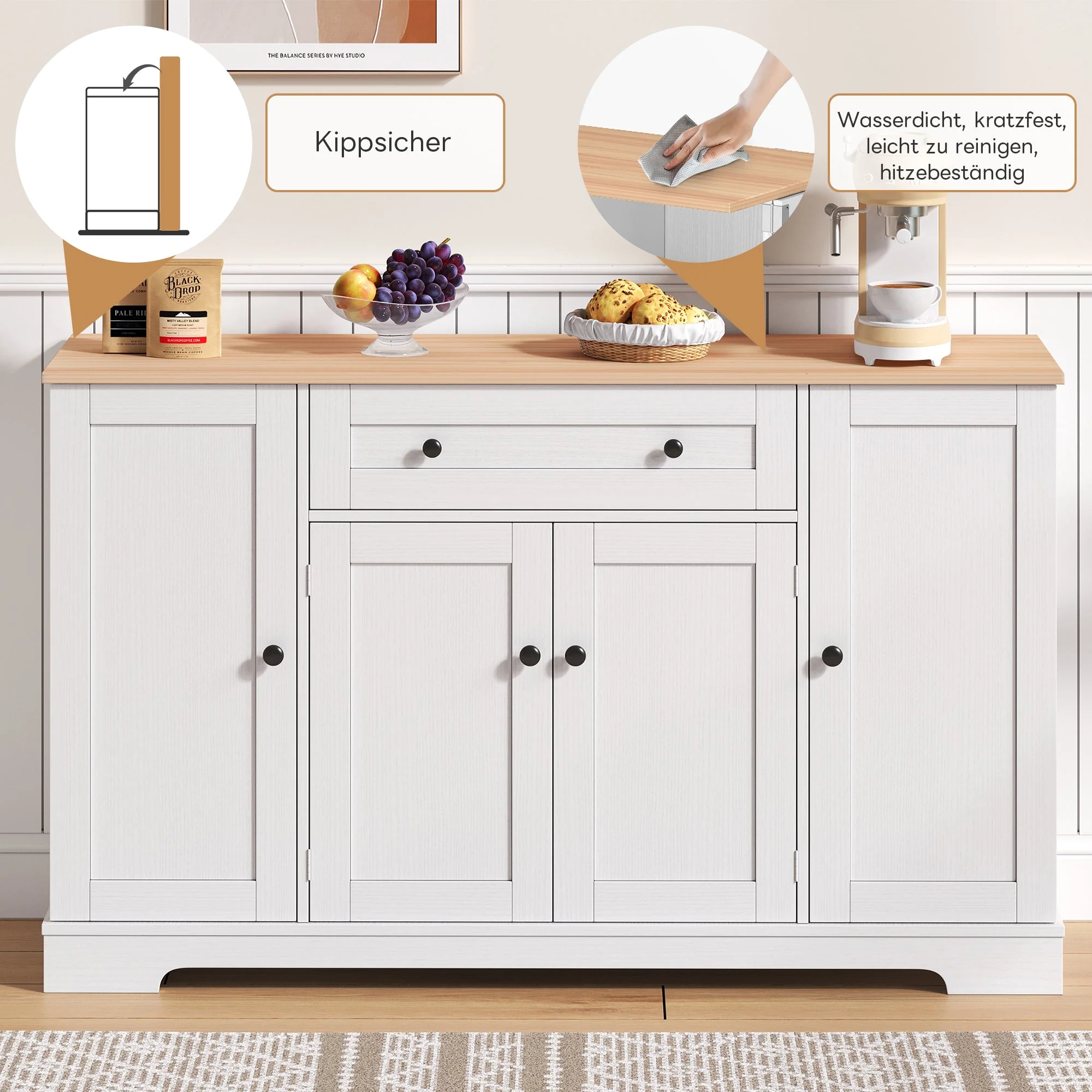Multifunctional Kitchen Buffet 138cm Drawer Adjustable Shelves - Image 6