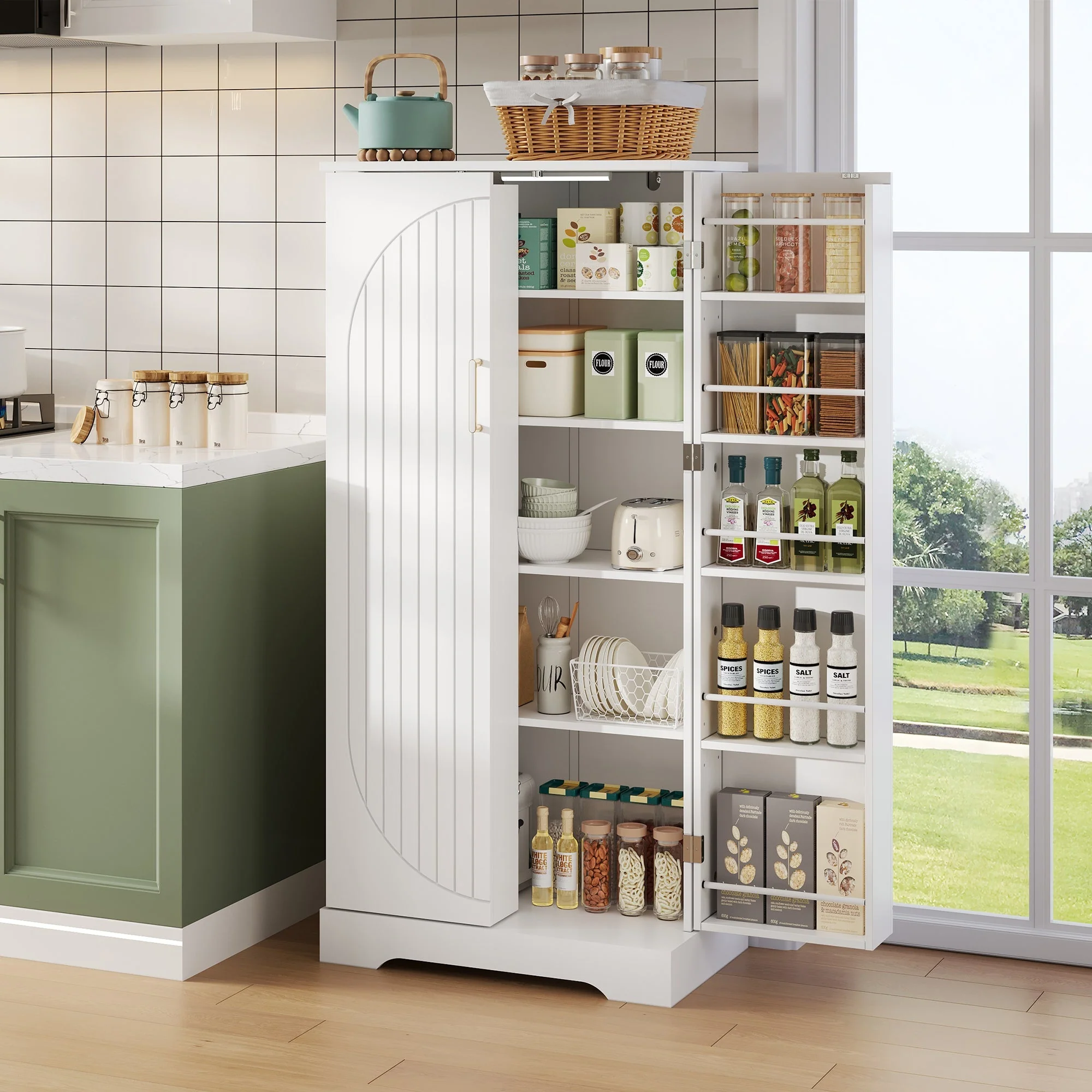 Multifunctional Kitchen Cabinet with LED Sensor Light and Adjustable Shelves, White