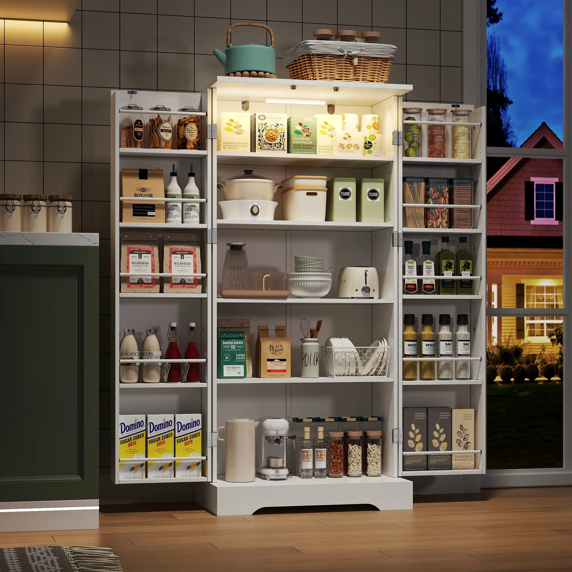 Multifunctional Kitchen Cabinet with LED Sensor Light and Adjustable Shelves, White - Image 3