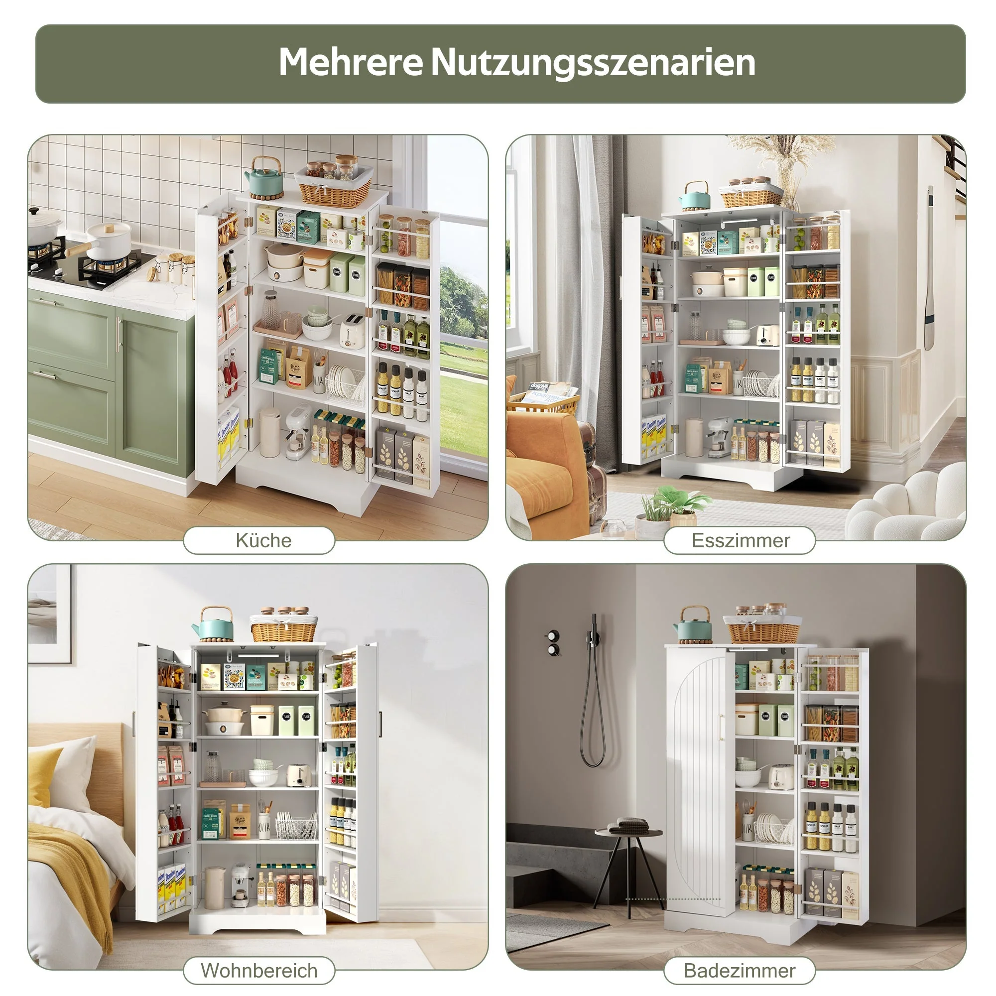 Multifunctional Kitchen Cabinet with LED Sensor Light and Adjustable Shelves, White - Image 4