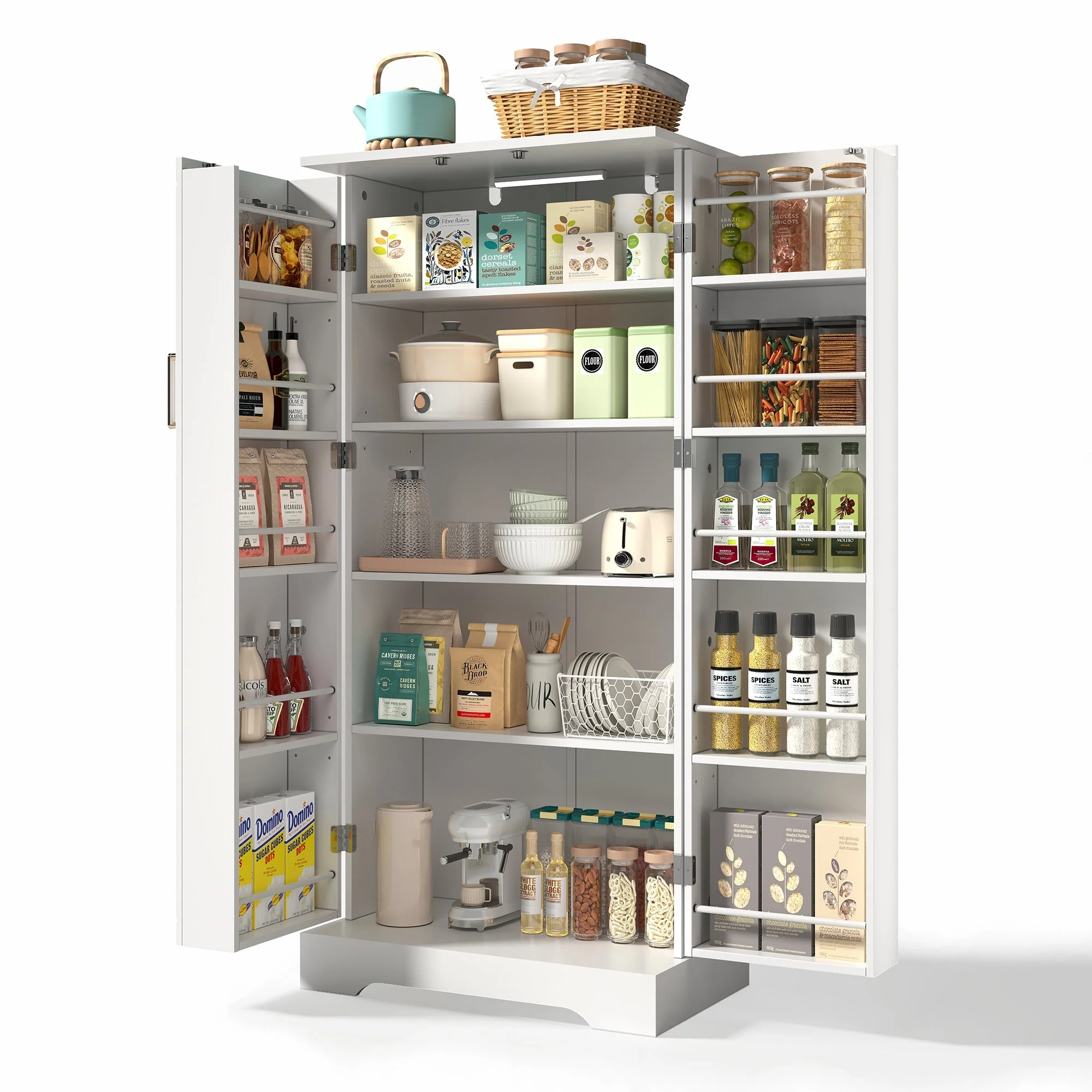 Multifunctional Kitchen Cabinet with LED Sensor Light and Adjustable Shelves, White - Image 5