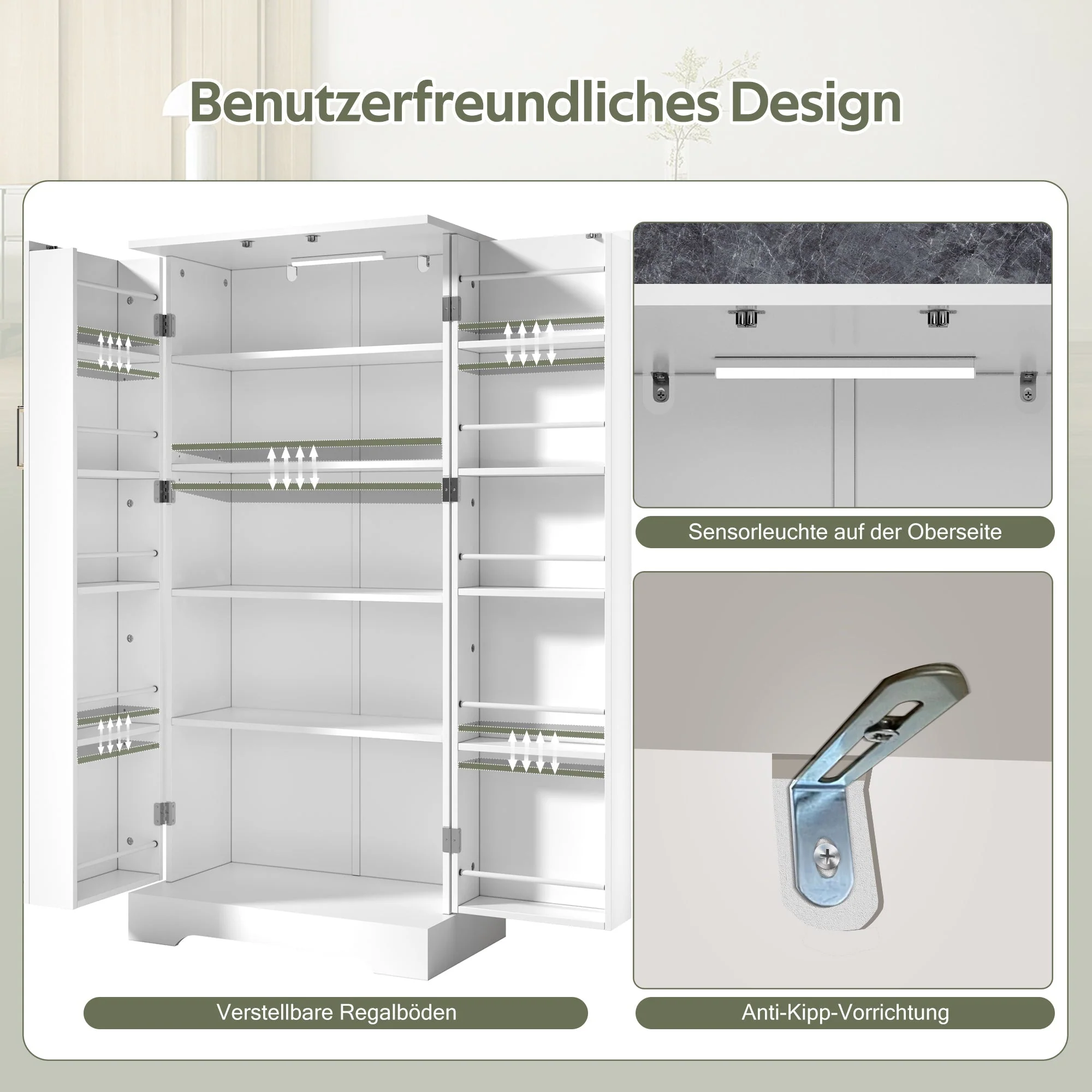 Multifunctional Kitchen Cabinet with LED Sensor Light and Adjustable Shelves, White - Image 6