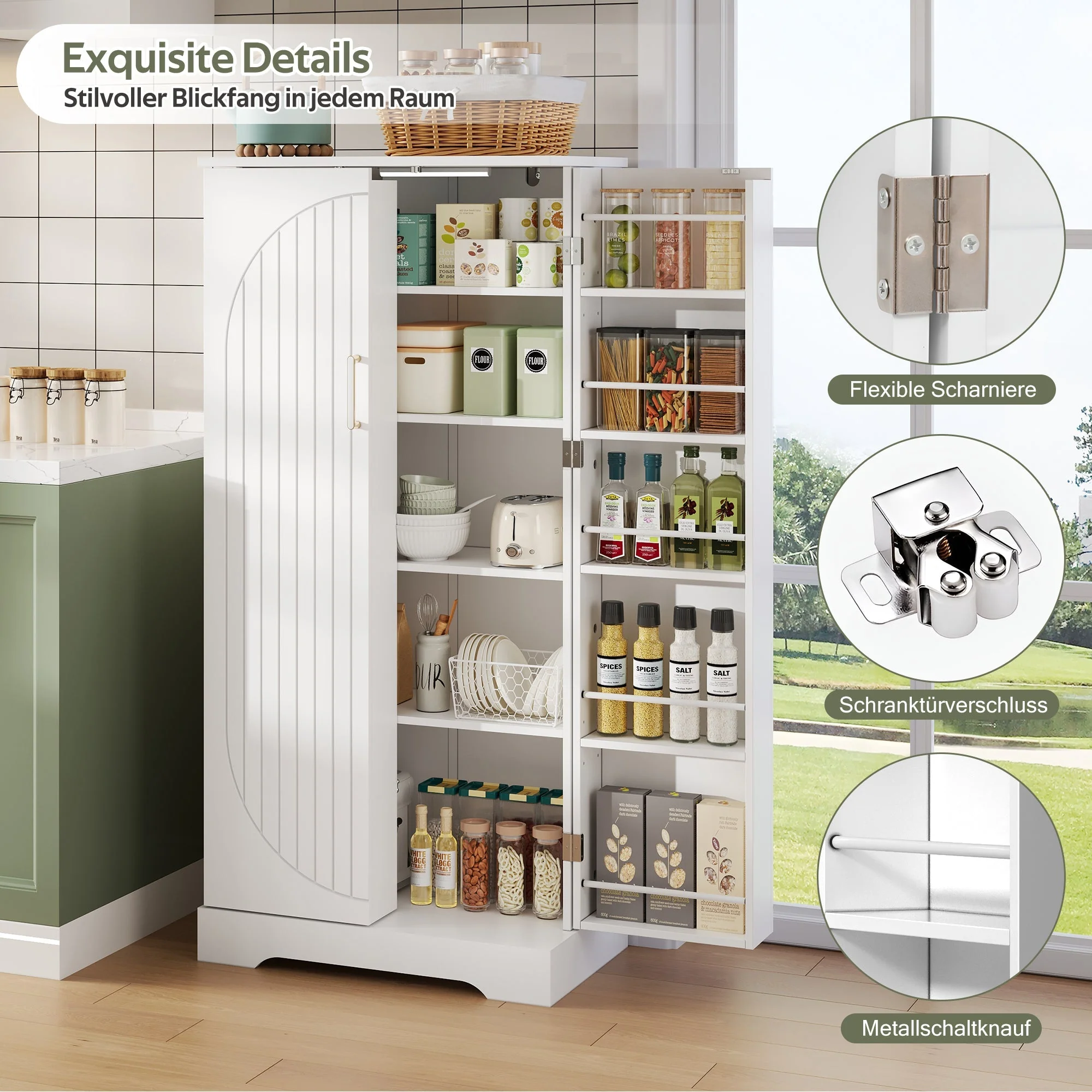 Multifunctional Kitchen Cabinet with LED Sensor Light and Adjustable Shelves, White - Image 8