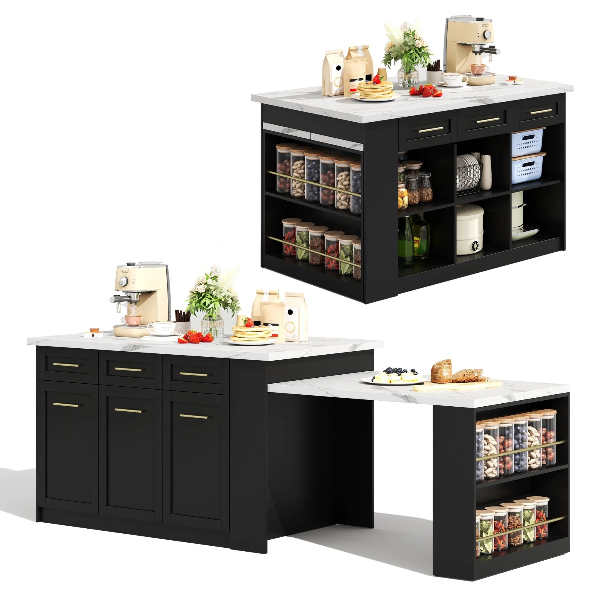 Multifunctional Kitchen Island Extendable Dining Table Storage 150cm+96cm White Marbled Wooden/Black - Image 3