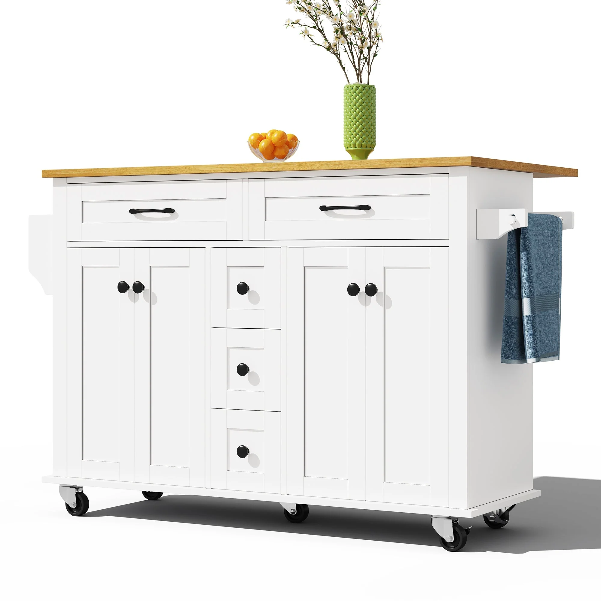 Multifunctional Kitchen Island Extendable Worktop 5 Drawers Storage Racks on Wheels - Image 3
