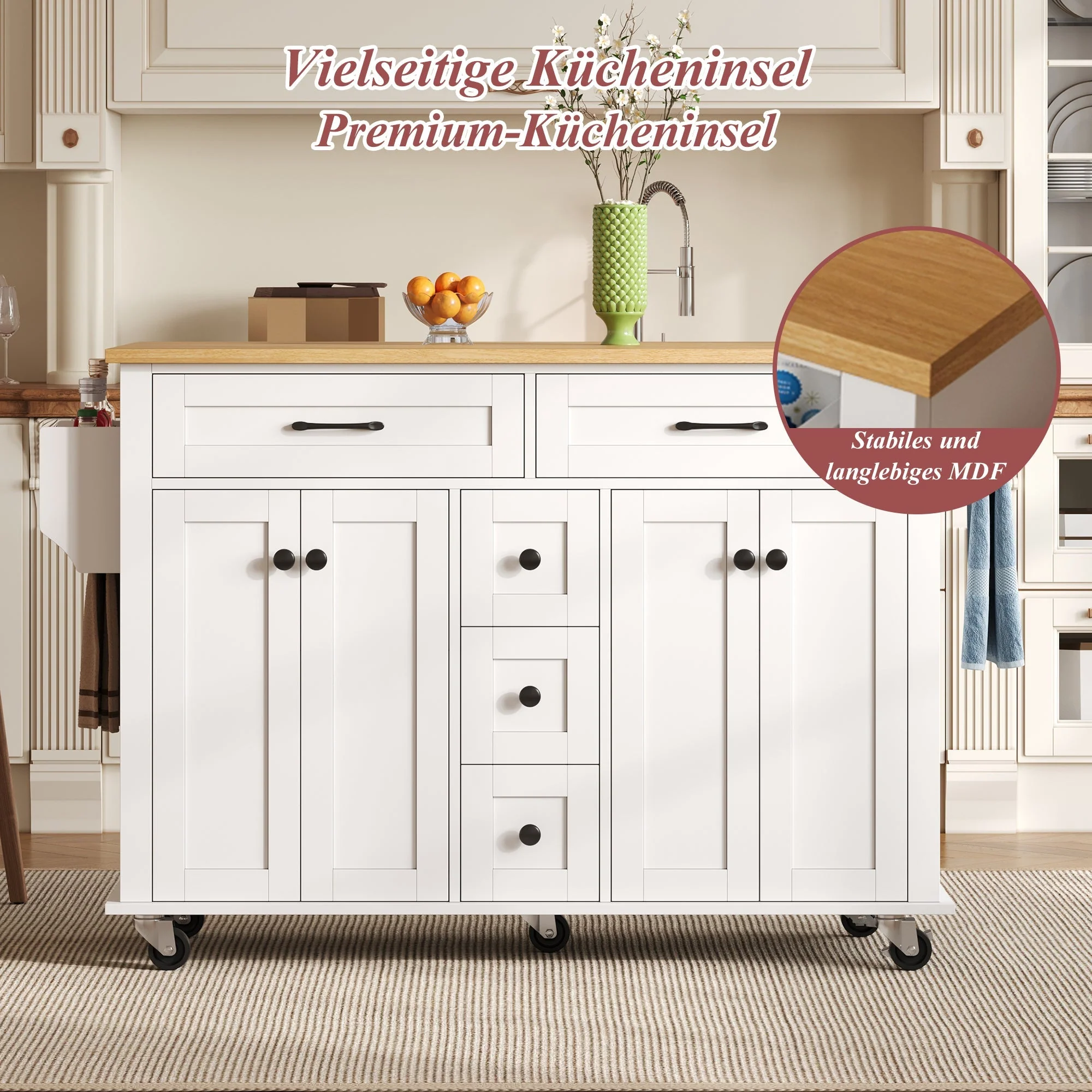 Multifunctional Kitchen Island Extendable Worktop 5 Drawers Storage Racks on Wheels - Image 4