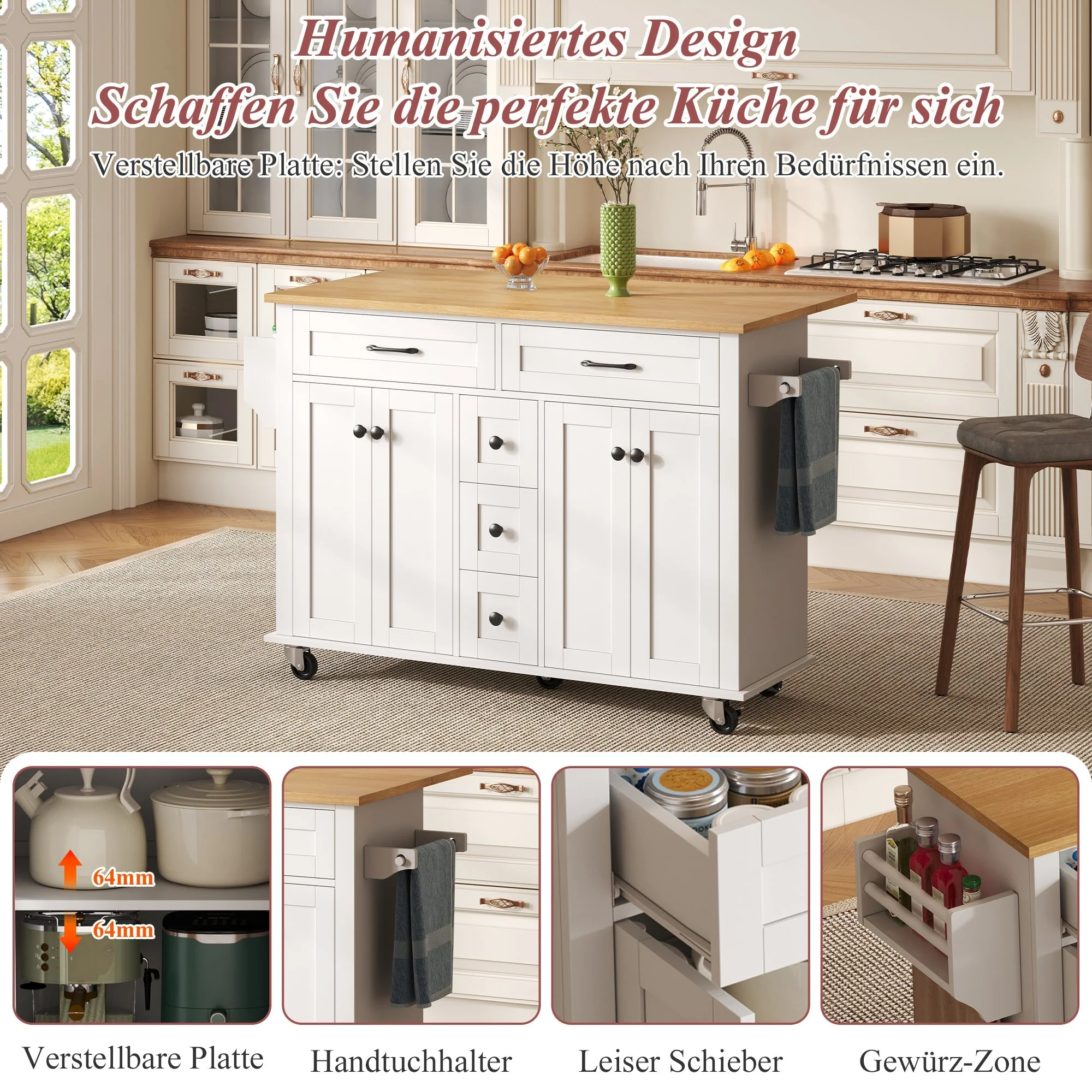 Multifunctional Kitchen Island Extendable Worktop 5 Drawers Storage Racks on Wheels - Image 5