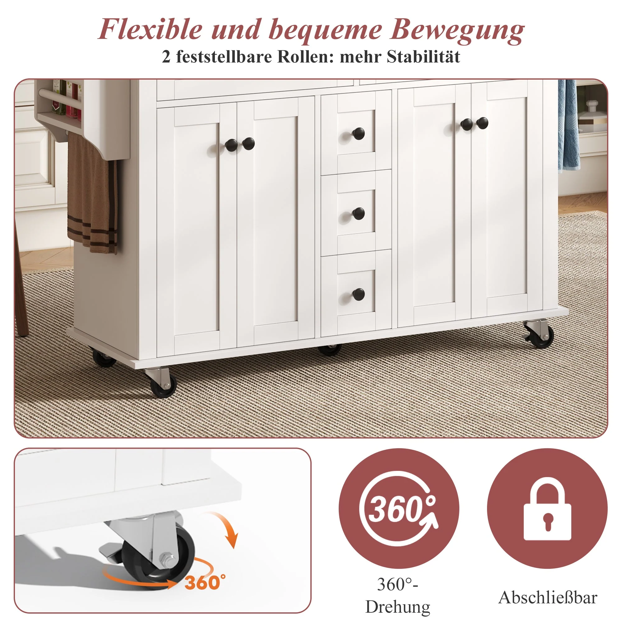 Multifunctional Kitchen Island Extendable Worktop 5 Drawers Storage Racks on Wheels - Image 7