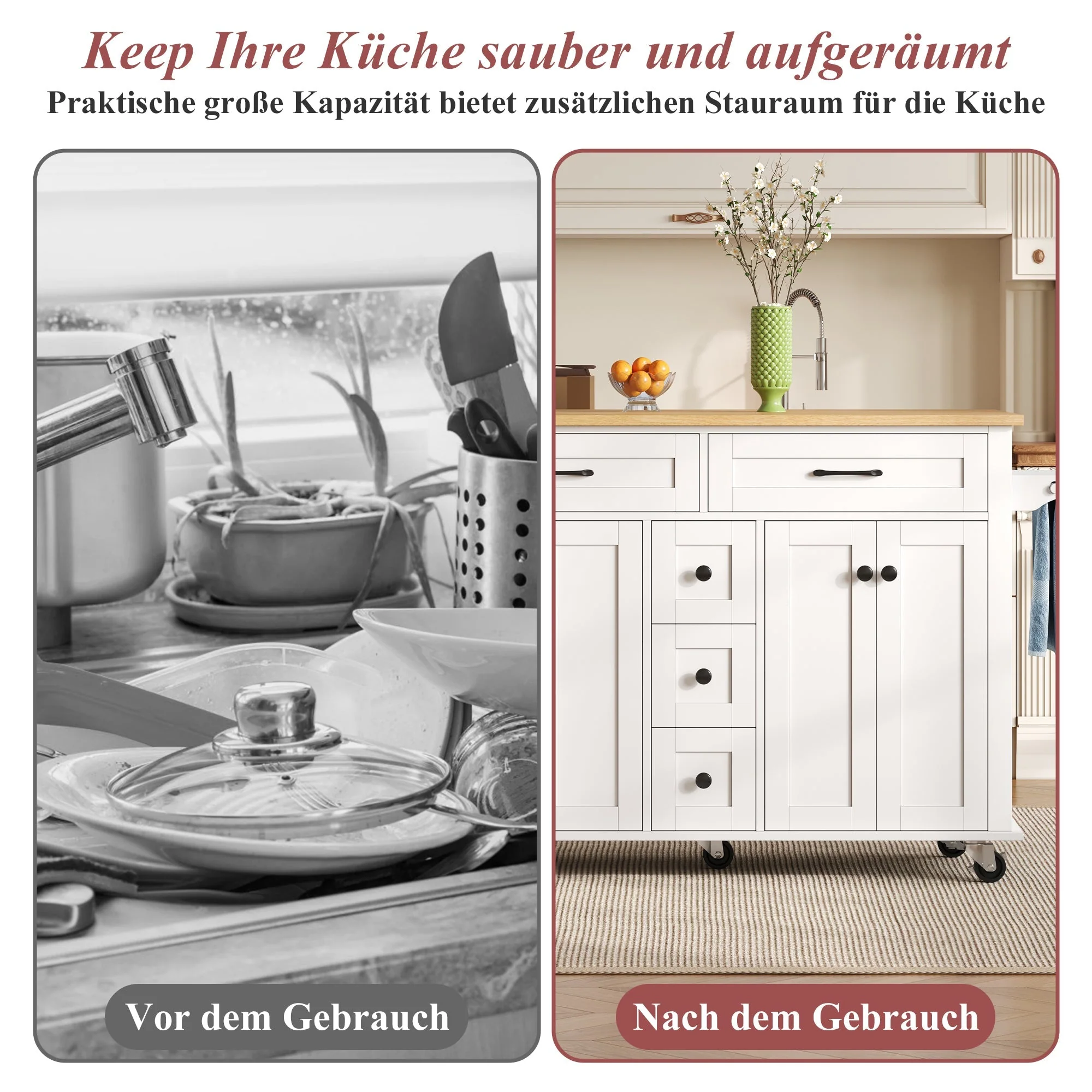 Multifunctional Kitchen Island Extendable Worktop 5 Drawers Storage Racks on Wheels - Image 8