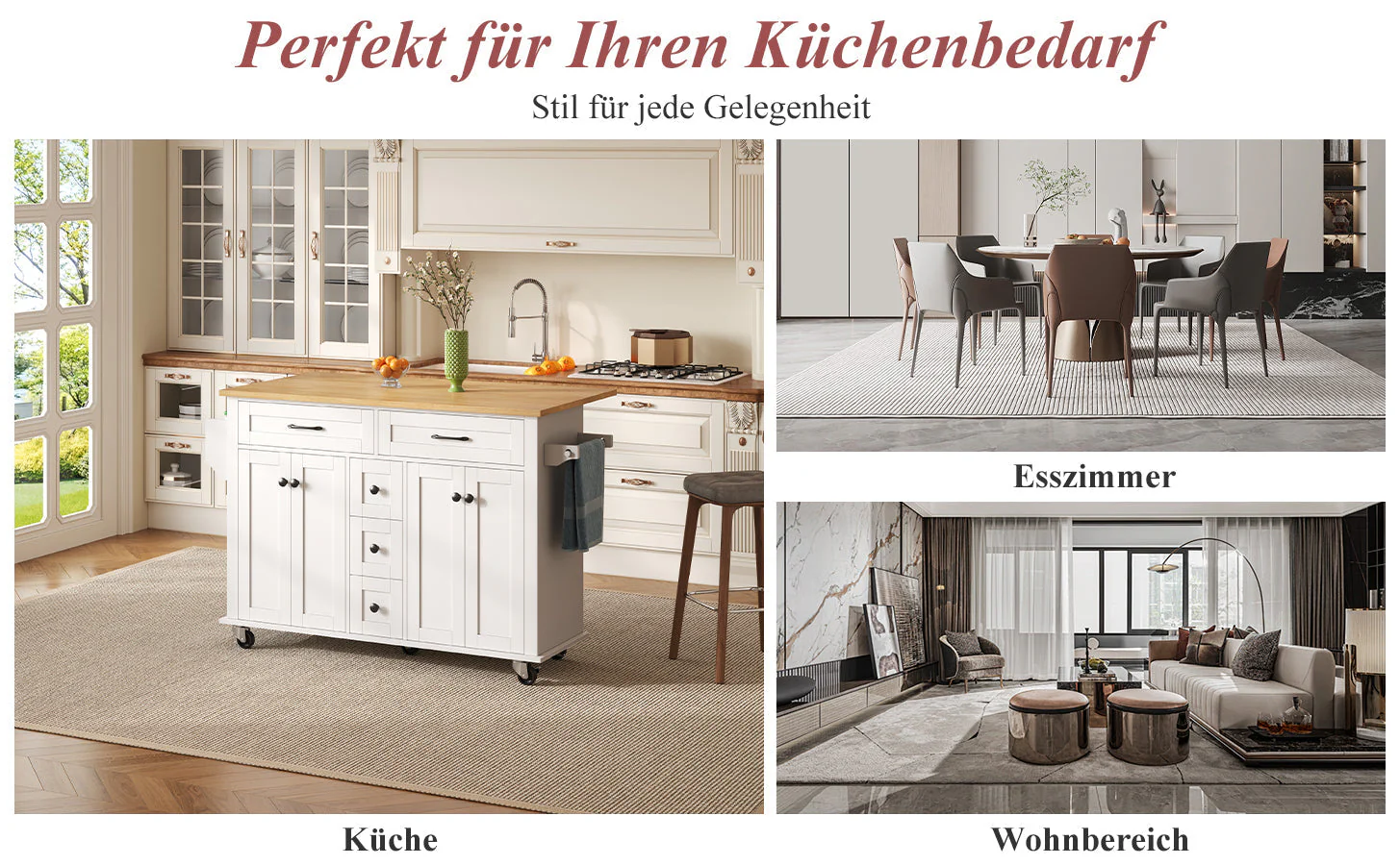 Multifunctional Kitchen Island Extendable Worktop 5 Drawers Storage Racks on Wheels - Image 9