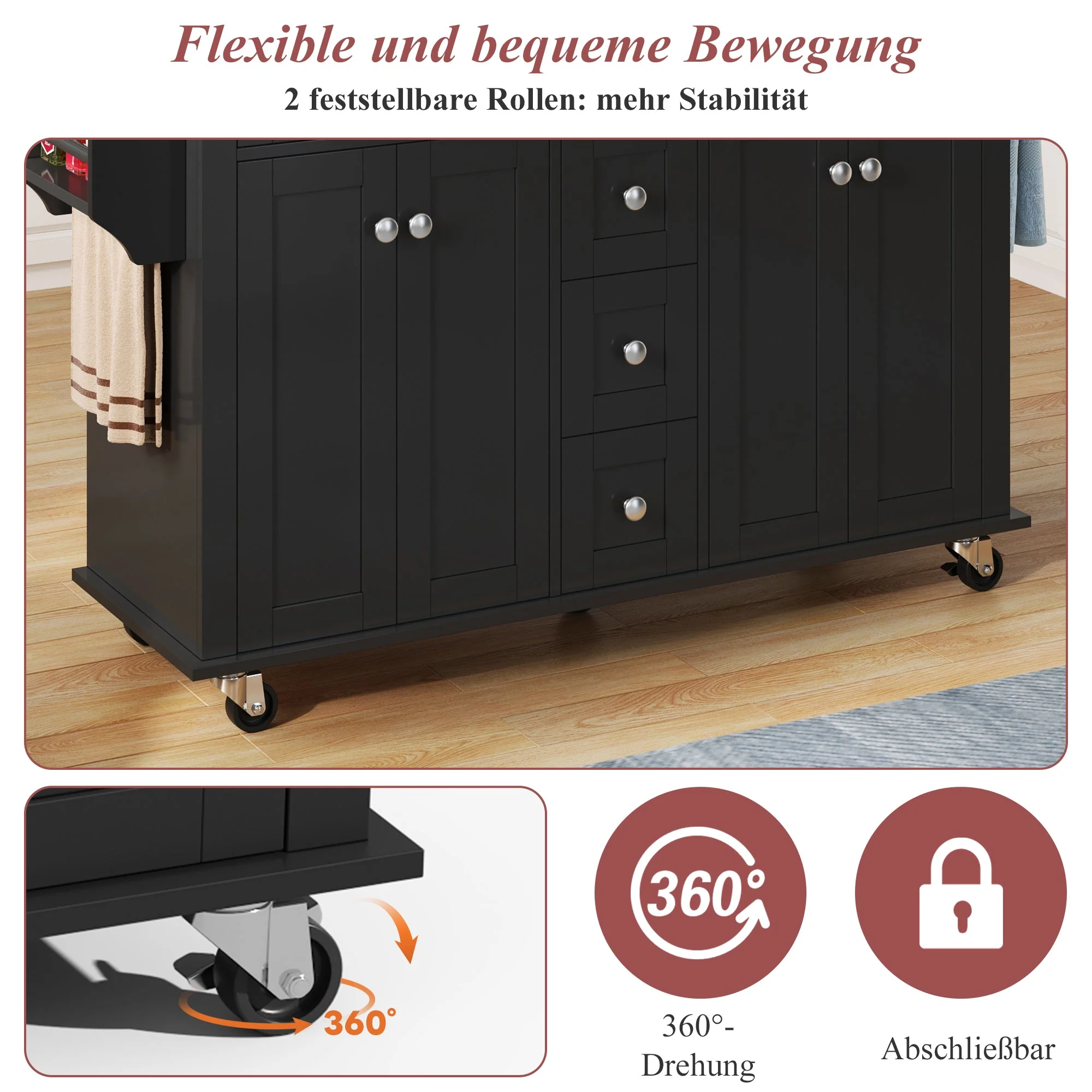 Multifunctional Kitchen Island Mobile Trolley with Extendable Worktop, 5 Drawers & Spice Rack - Image 7