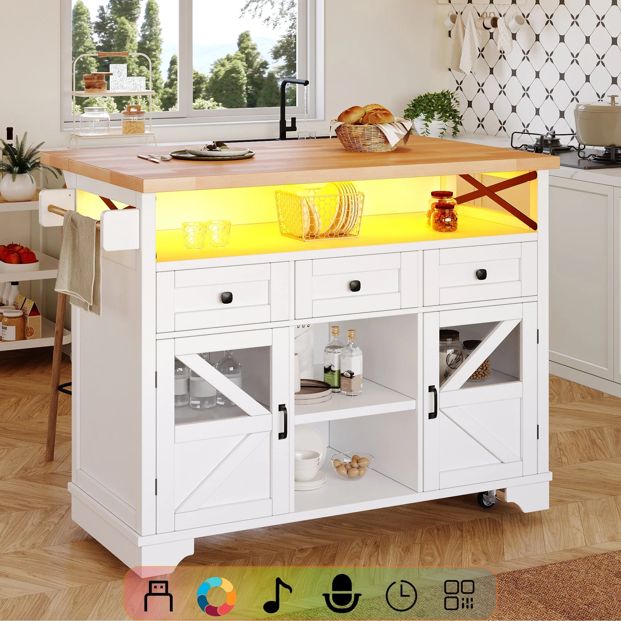 Multifunctional Kitchen Trolley App LED Folding Table 3 Drawers - Image 2