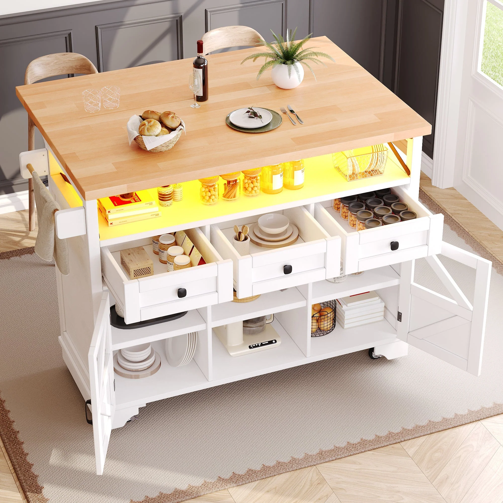 Multifunctional Kitchen Trolley App LED Folding Table 3 Drawers - Image 3