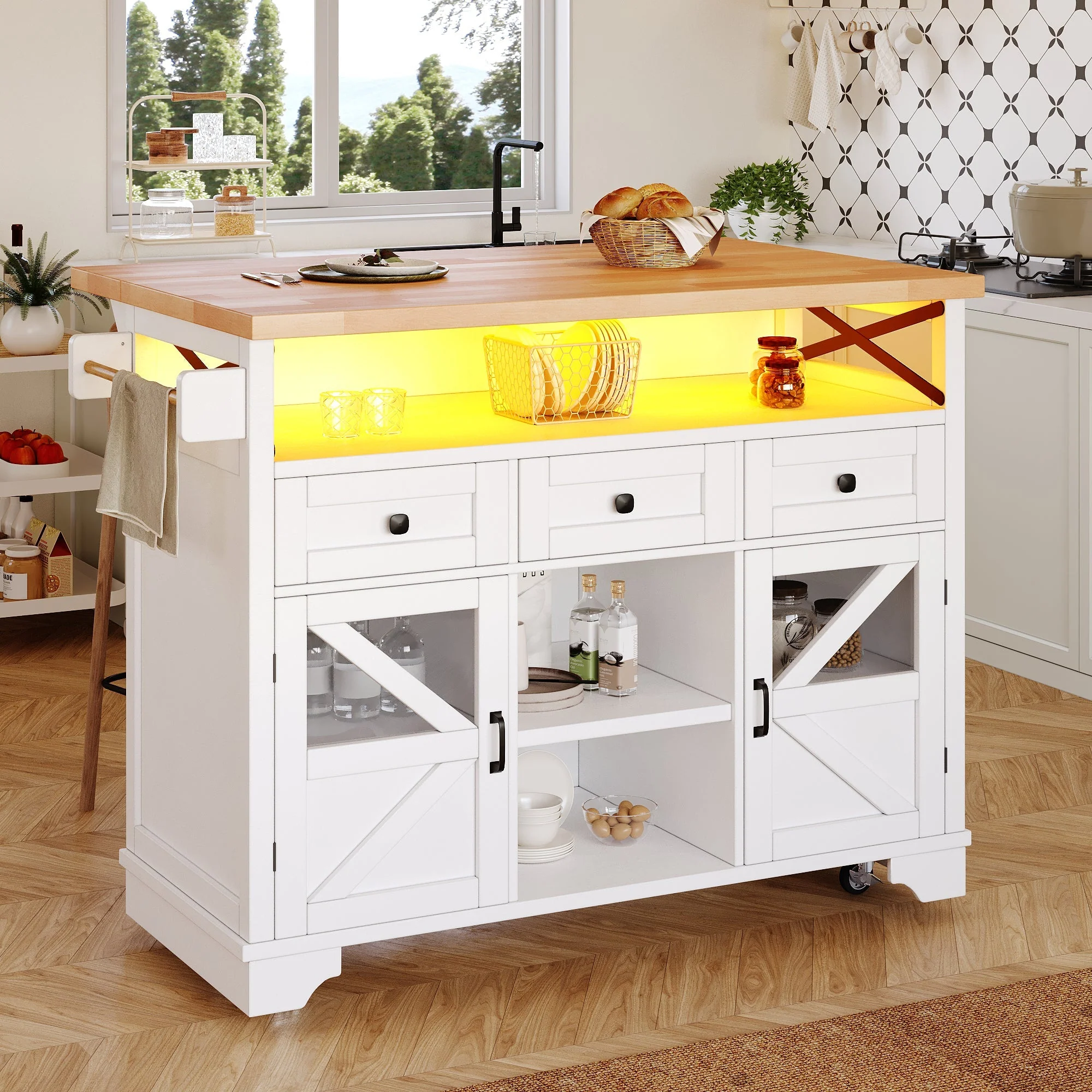 Multifunctional Kitchen Trolley App LED Folding Table 3 Drawers - Image 4