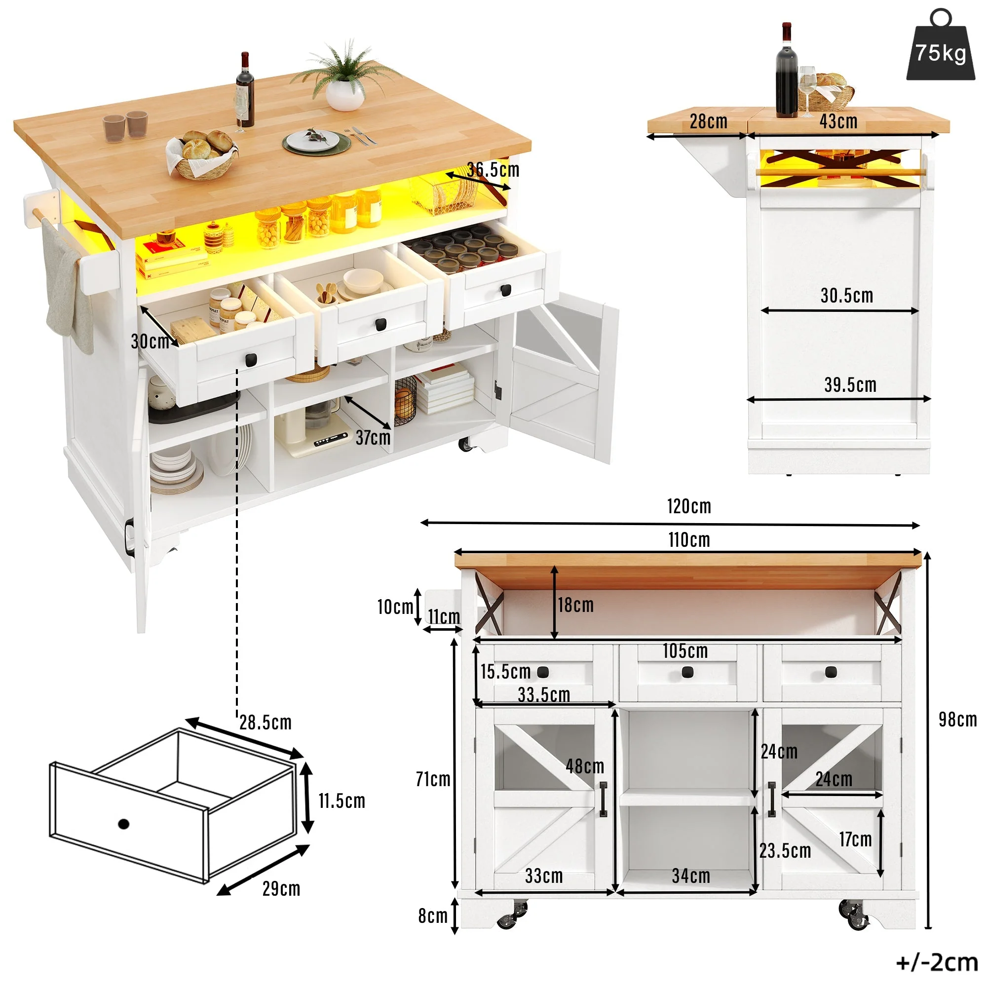 Multifunctional Kitchen Trolley App LED Folding Table 3 Drawers - Image 6