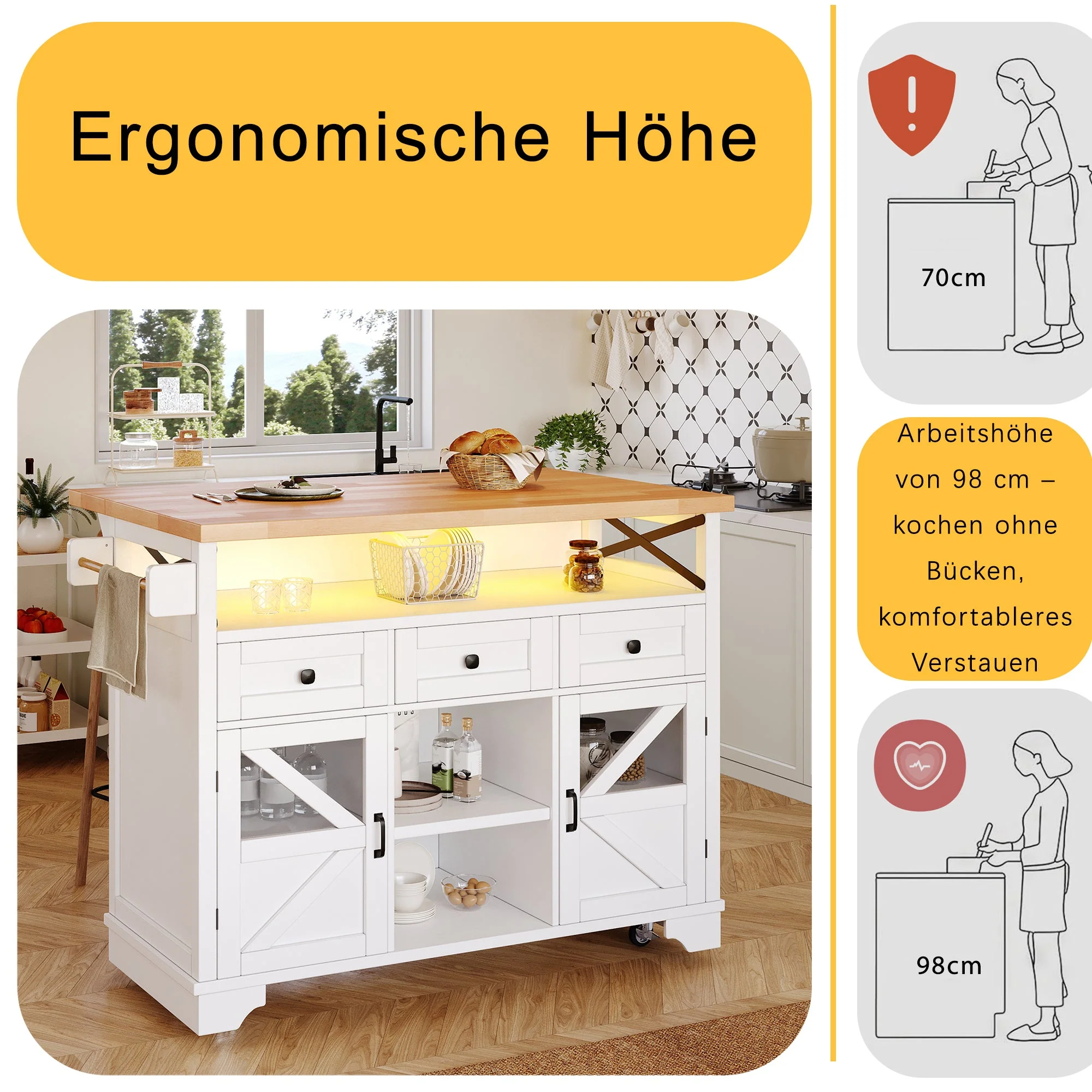 Multifunctional Kitchen Trolley App LED Folding Table 3 Drawers - Image 7