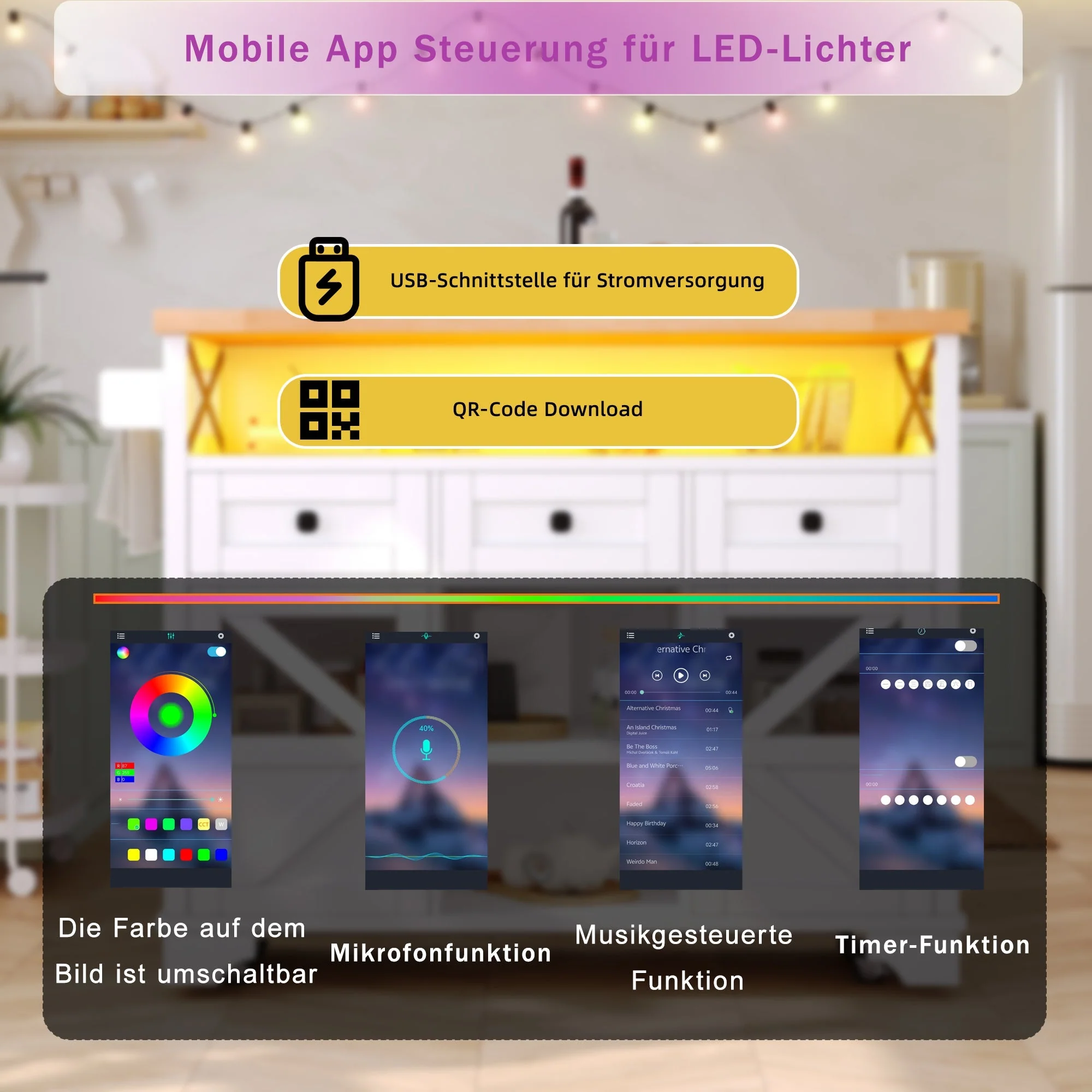Multifunctional Kitchen Trolley App LED Folding Table 3 Drawers - Image 8