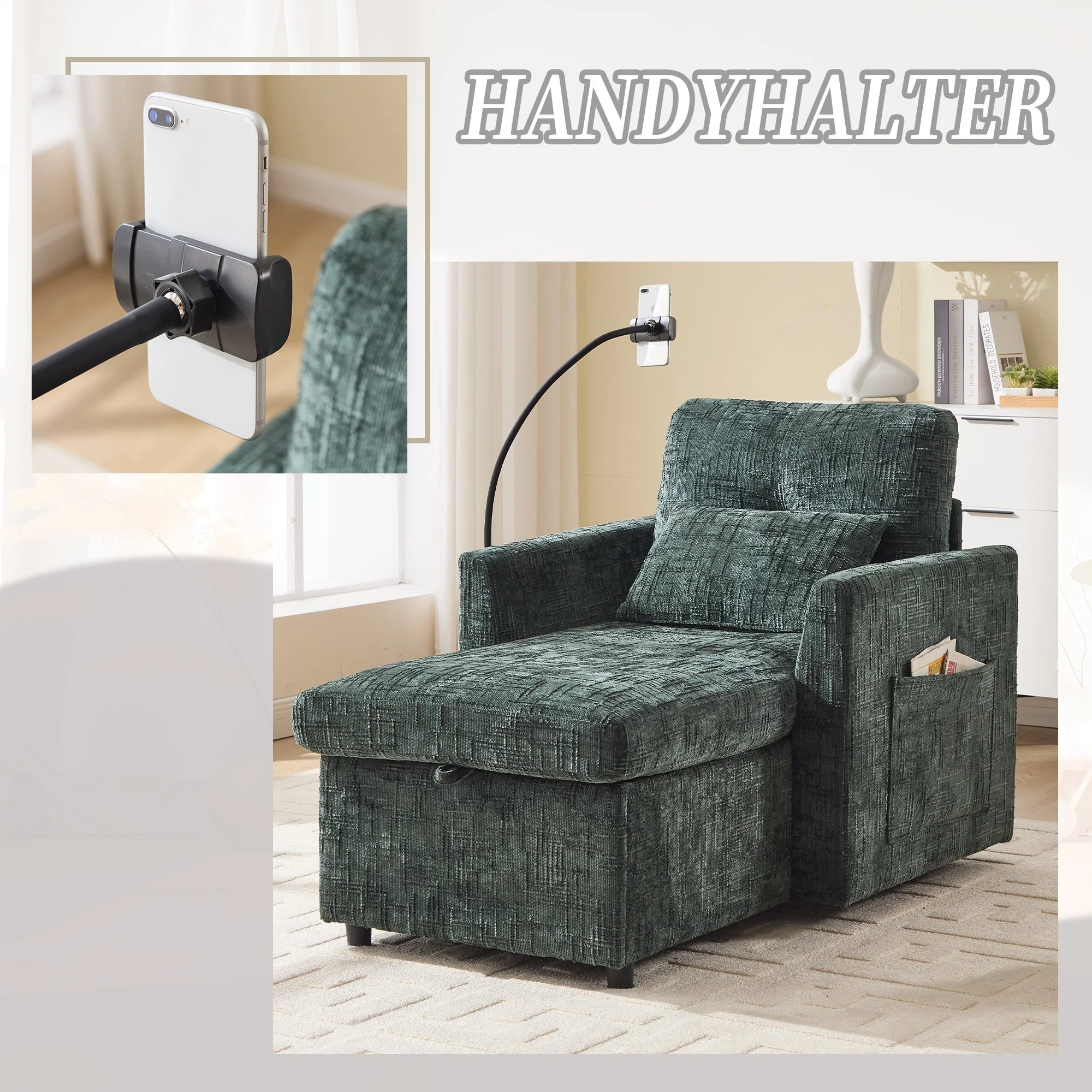Multifunctional Lazy Sofa, Stowable Backrest with Phone Holder, Chenille - Image 5