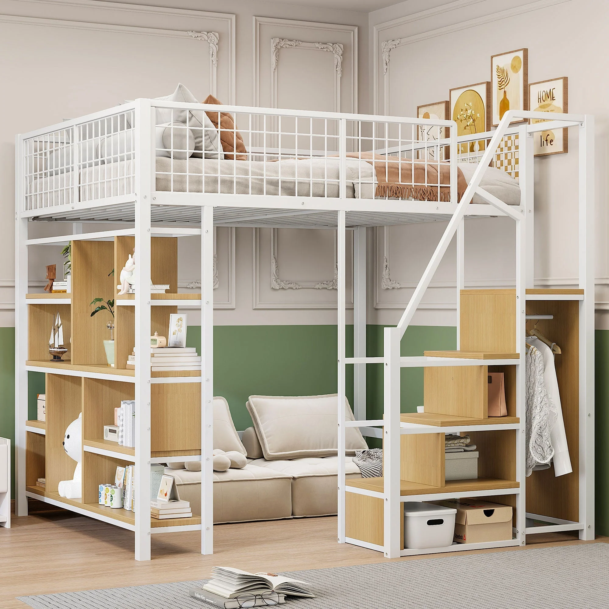 Multifunctional Loft Bed 140x200cm Storage Shelves Stairs Adults/Kids Metal White - Image 2